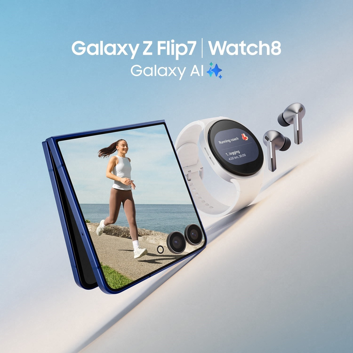 Mavi katlanabilir akıllı telefon, beyaz akıllı saat ve kablosuz kulaklıklar Galaxy Z Flip7 ve Watch8 yazısıyla birlikte gösterilmektedir.