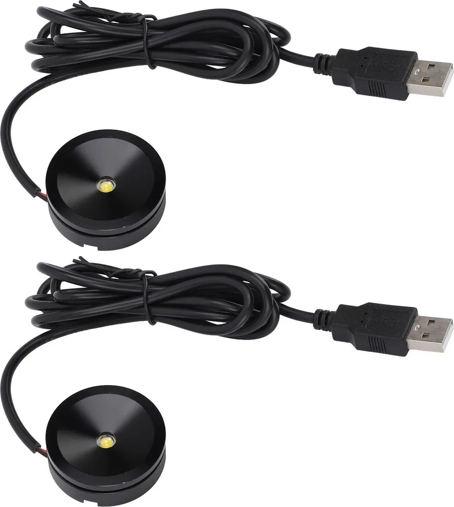 Zwei schwarze LED-Lampen mit USB-Kabel auf weißem Hintergrund.