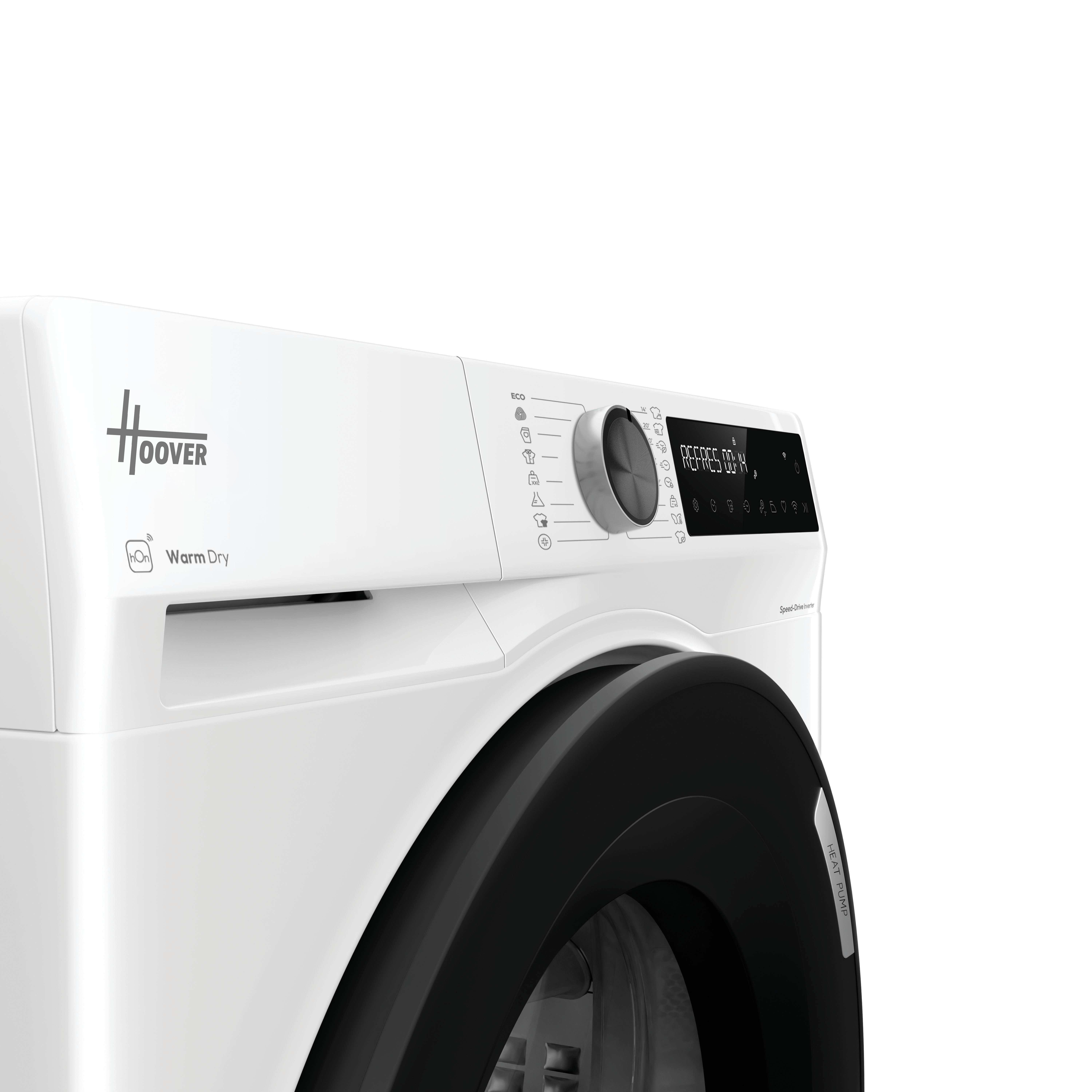 Nahaufnahme des Bedienfelds einer weißen Hoover-Waschmaschine mit schwarzem Digitalbildschirm und Drehregler.