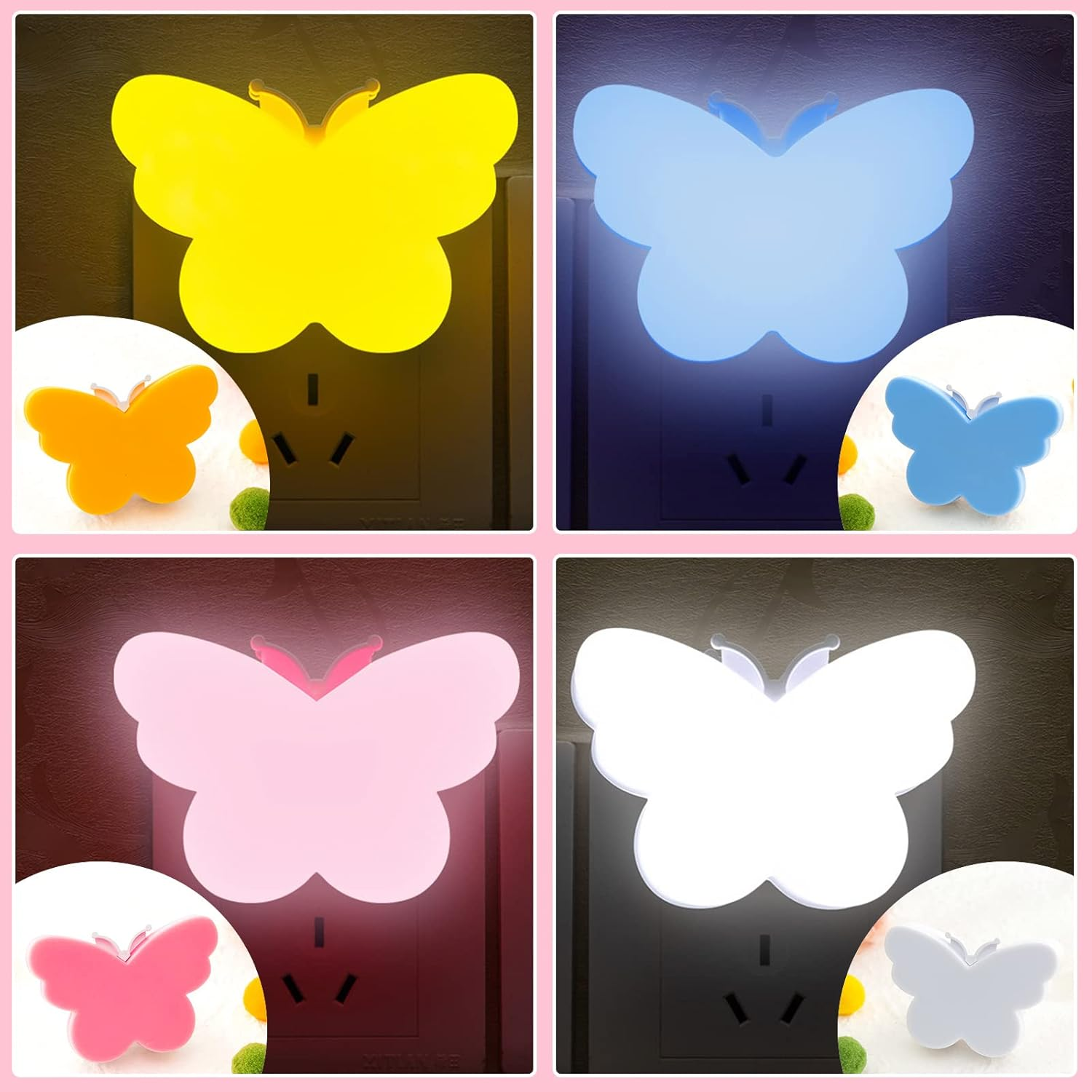 Vier schmetterlingsförmige Nachtlichter in Steckdosen, leuchtend in Gelb, Blau, Pink und Weiß.