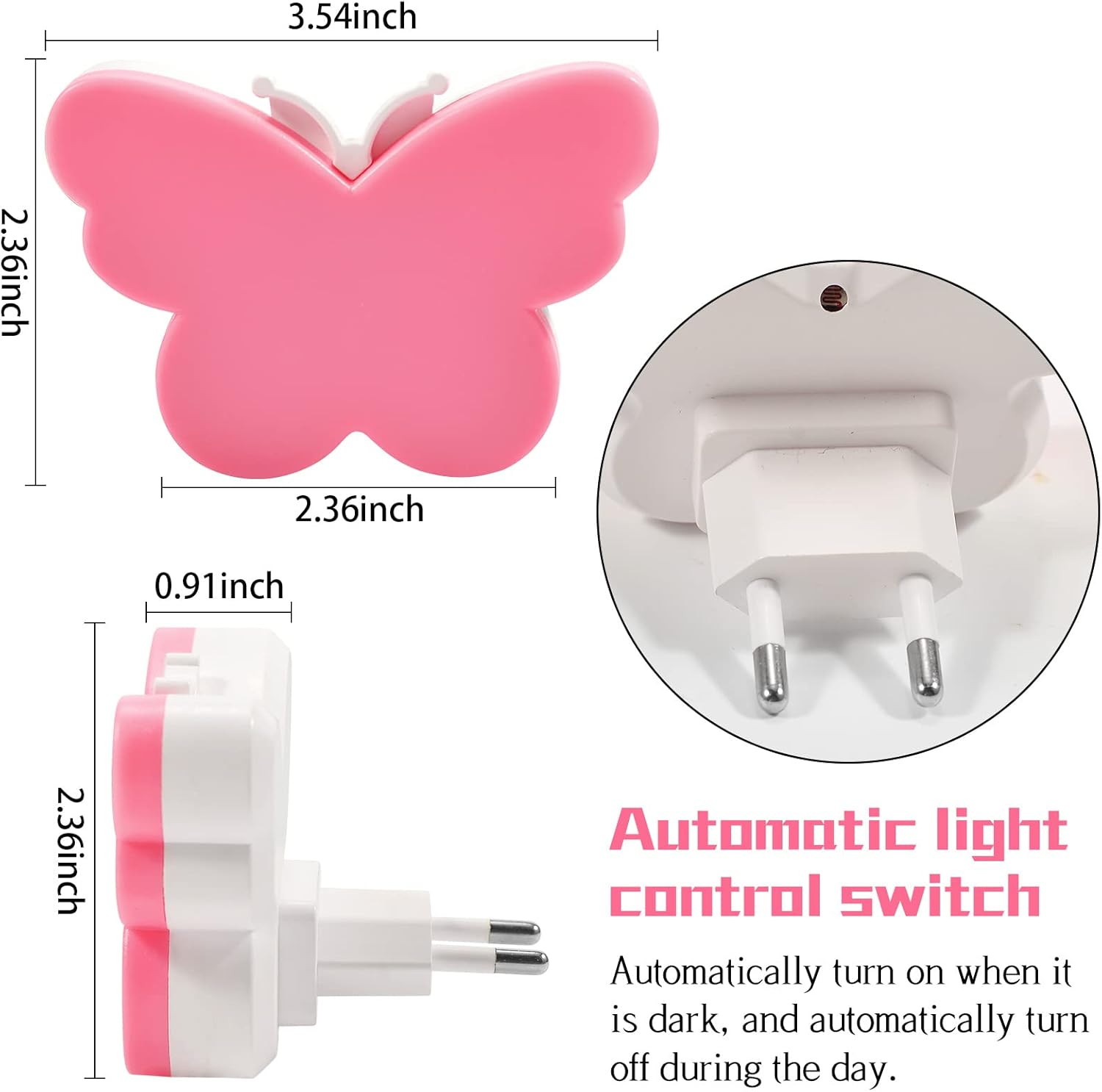 Rosa schmetterlingsförmiges Nachtlicht mit Maßen und Steckdosenstecker für automatische Helligkeitssteuerung.