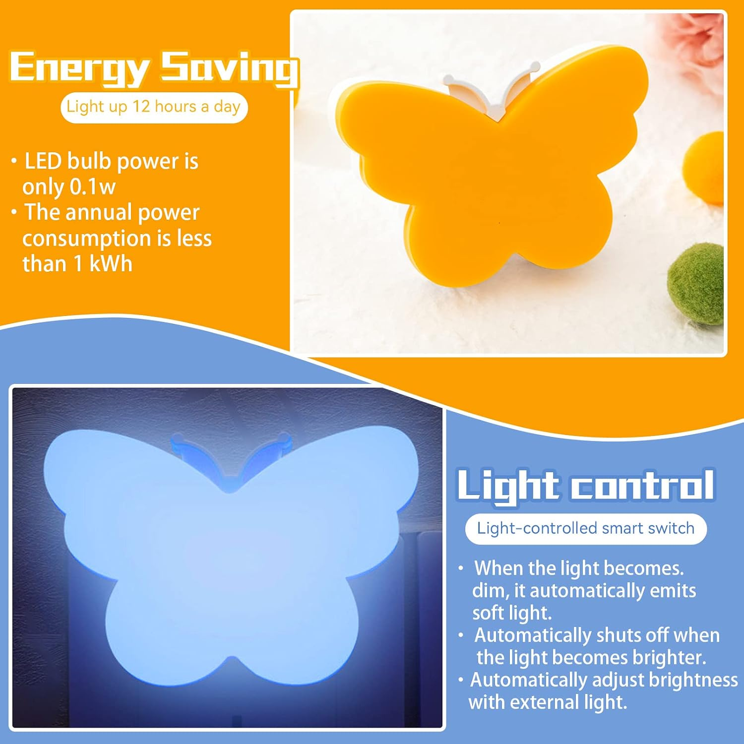 Ein schmetterlingsförmiges, energiesparendes LED-Nachtlicht mit Lichtsteuerung auf einem orange-blauen Werbeplakat.
