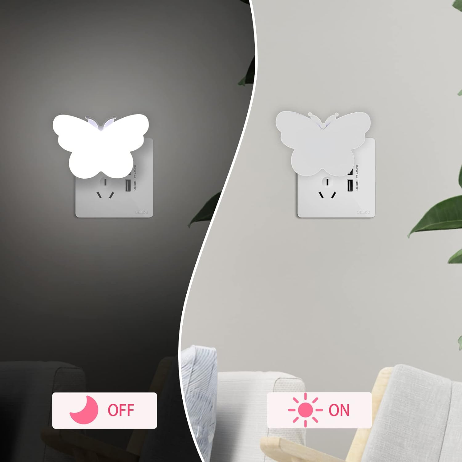 Ein Vergleichsbild zeigt ein Schmetterlings-Nachtlicht in einer Steckdose, links beleuchtet und rechts unbeleuchtet.