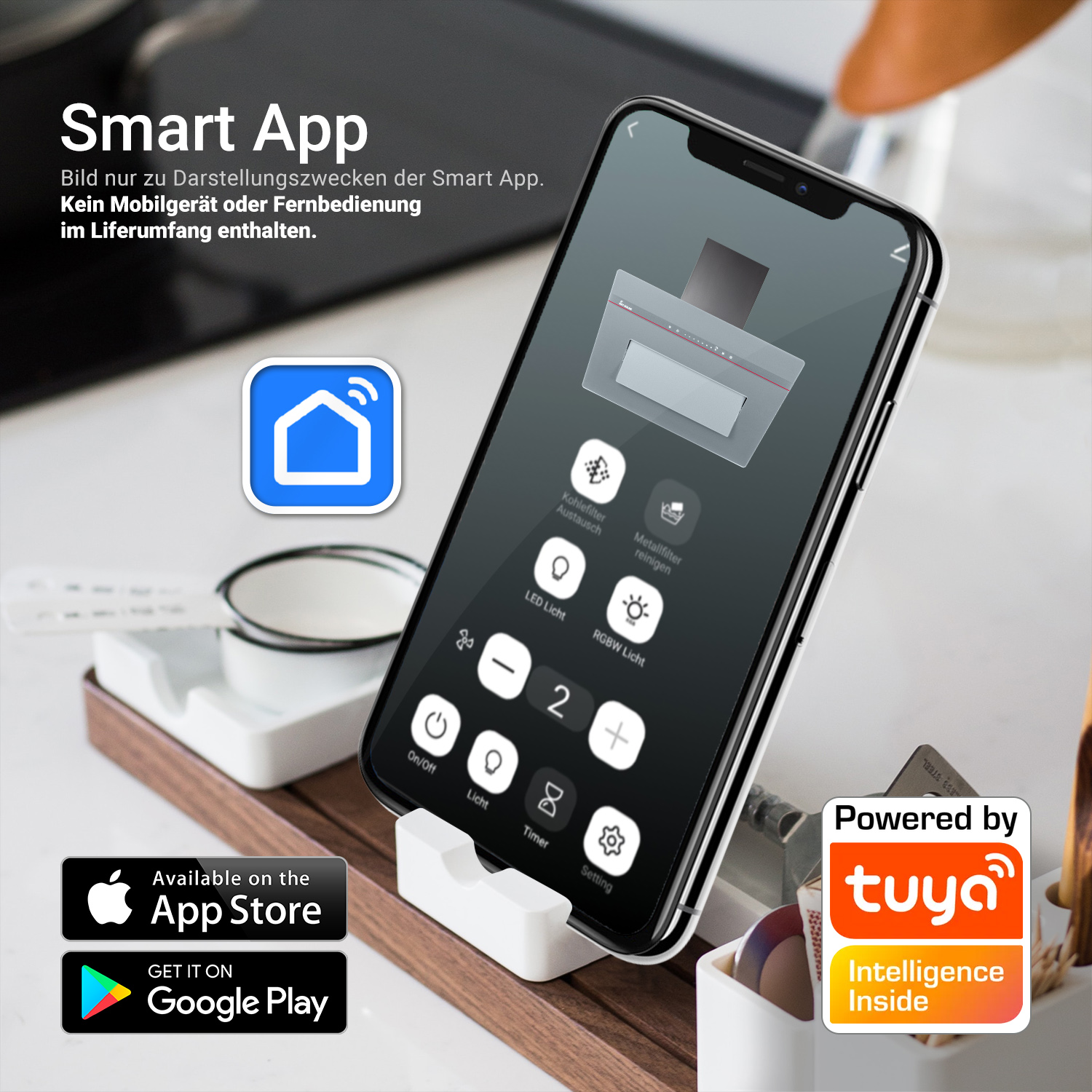 Uno smartphone in un supporto mostra un'app per controllare gli elettrodomestici.