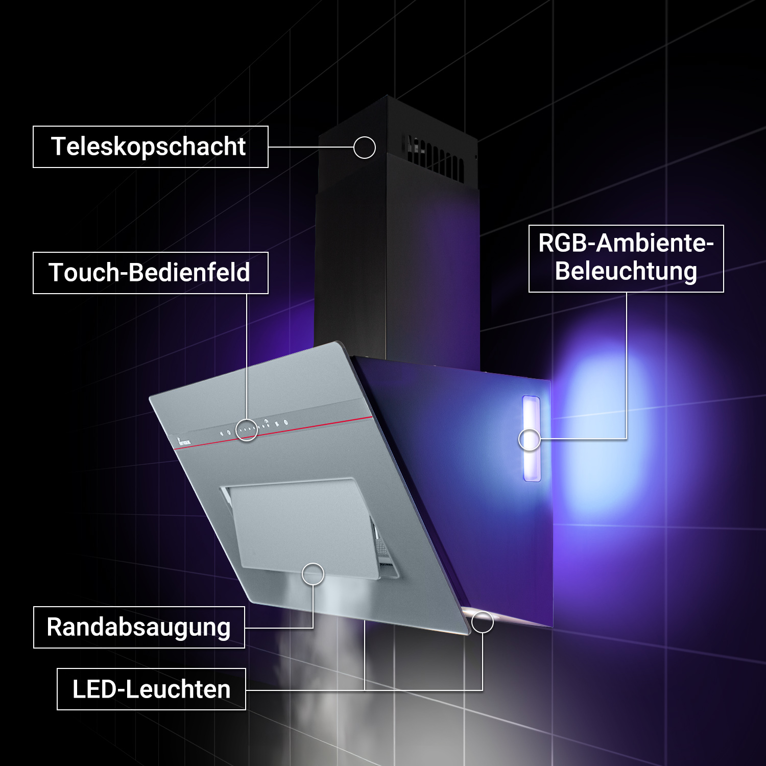 Schema di una moderna cappa aspirante che evidenzia condotto telescopico, pannello touch e illuminazione RGB.