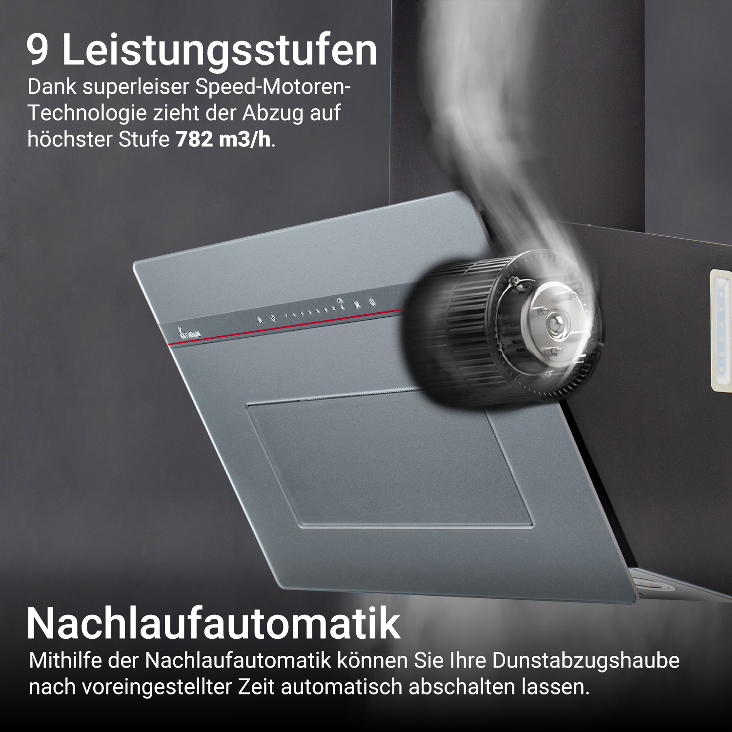 Moderna cappa aspirante con grafica del motore e fumo, con testo in tedesco sulle prestazioni.