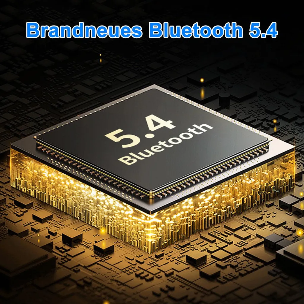 Ein Mikrochip mit der Aufschrift 5.4 Bluetooth leuchtet golden auf einer dunklen Leiterplatte.