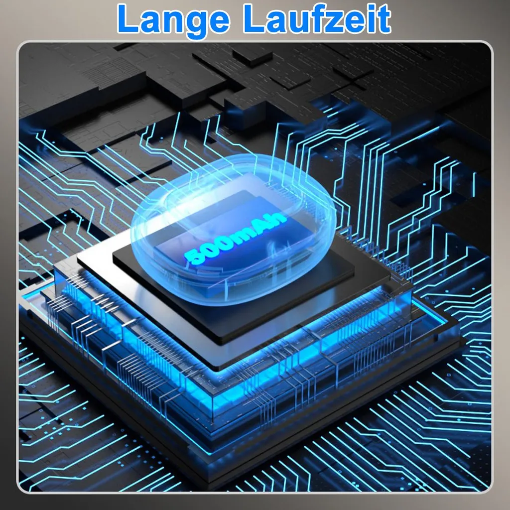 Ein beleuchteter Computerchip mit der Aufschrift 500mAh und blauem Hintergrund.