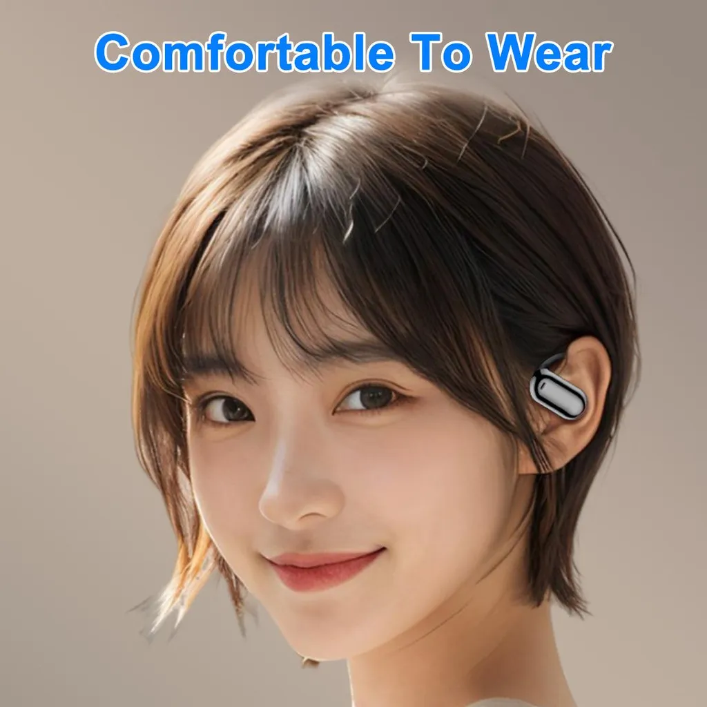 Eine lächelnde Frau mit kurzen braunen Haaren trägt einen eleganten, silbernen Ohrhörer. Text: Comfortable To Wear.