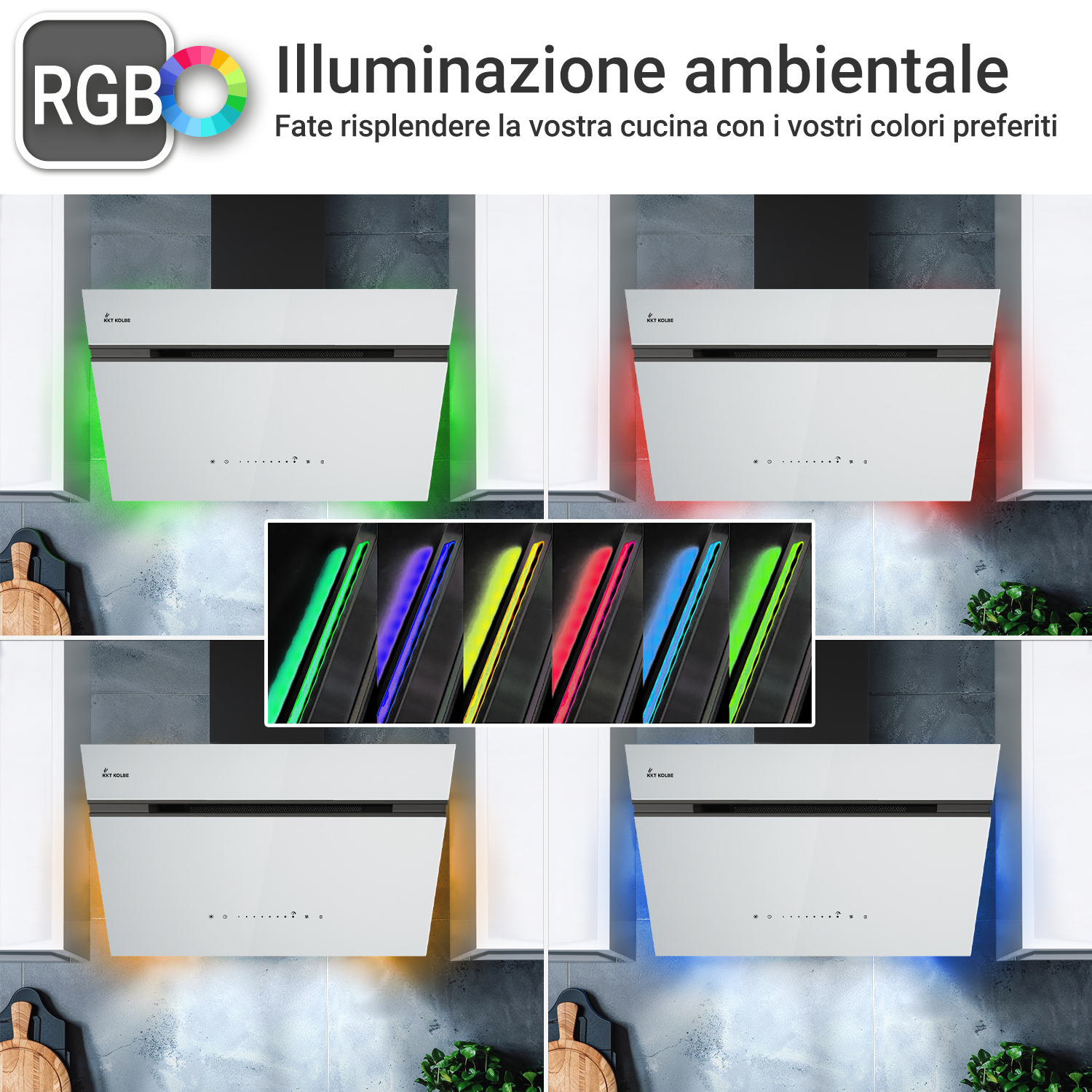 Cappa aspirante con illuminazione ambientale RGB personalizzabile in vari colori.