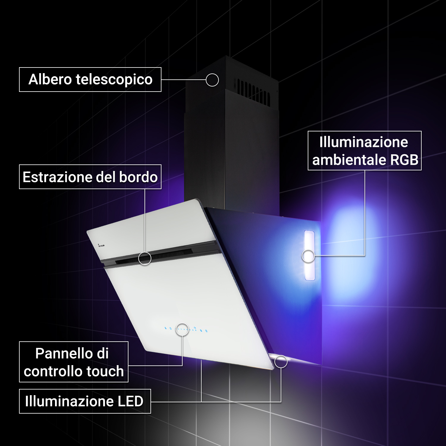 Cappa aspirante moderna con frontale bianco, illuminazione RGB e pannello touch su parete di piastrelle scure.