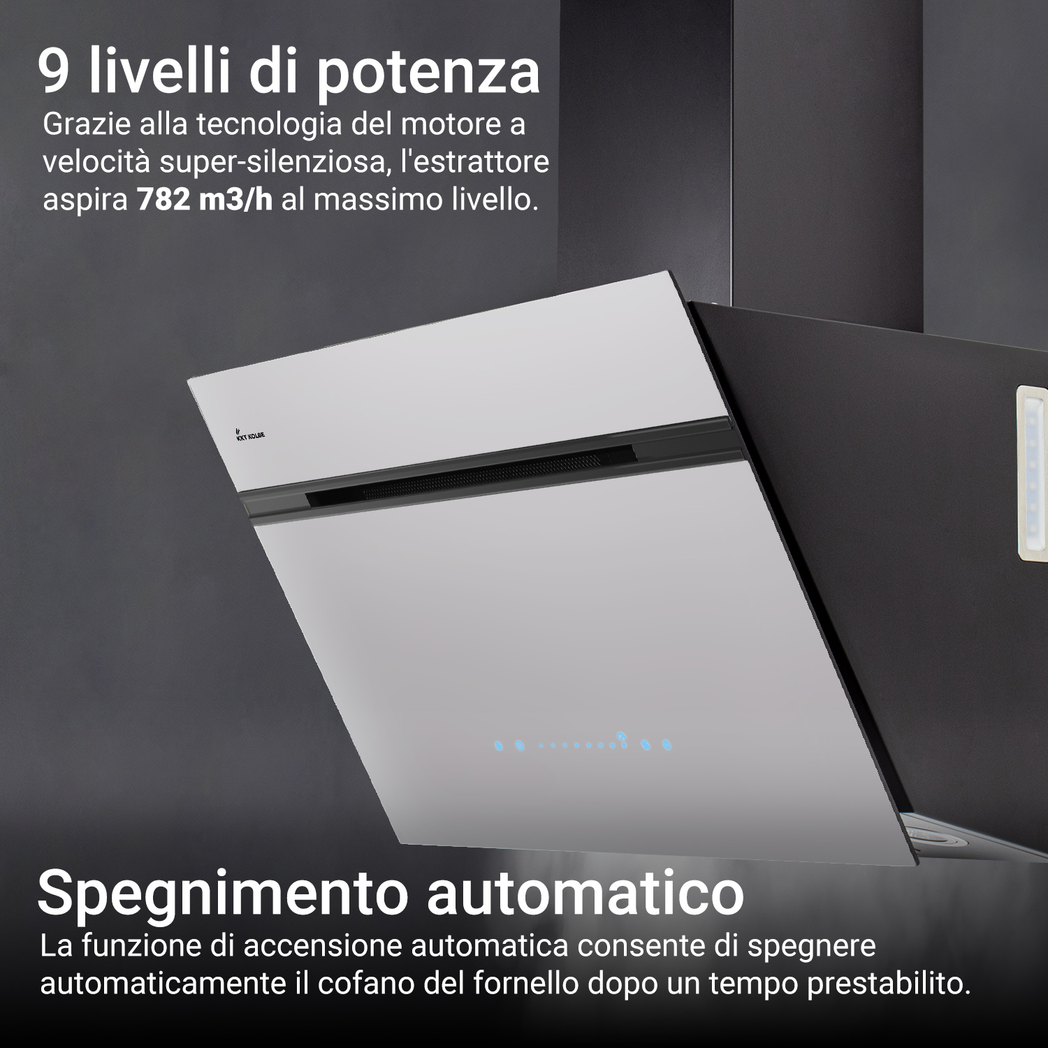 Una moderna cappa da cucina nera e argento con testo in italiano.