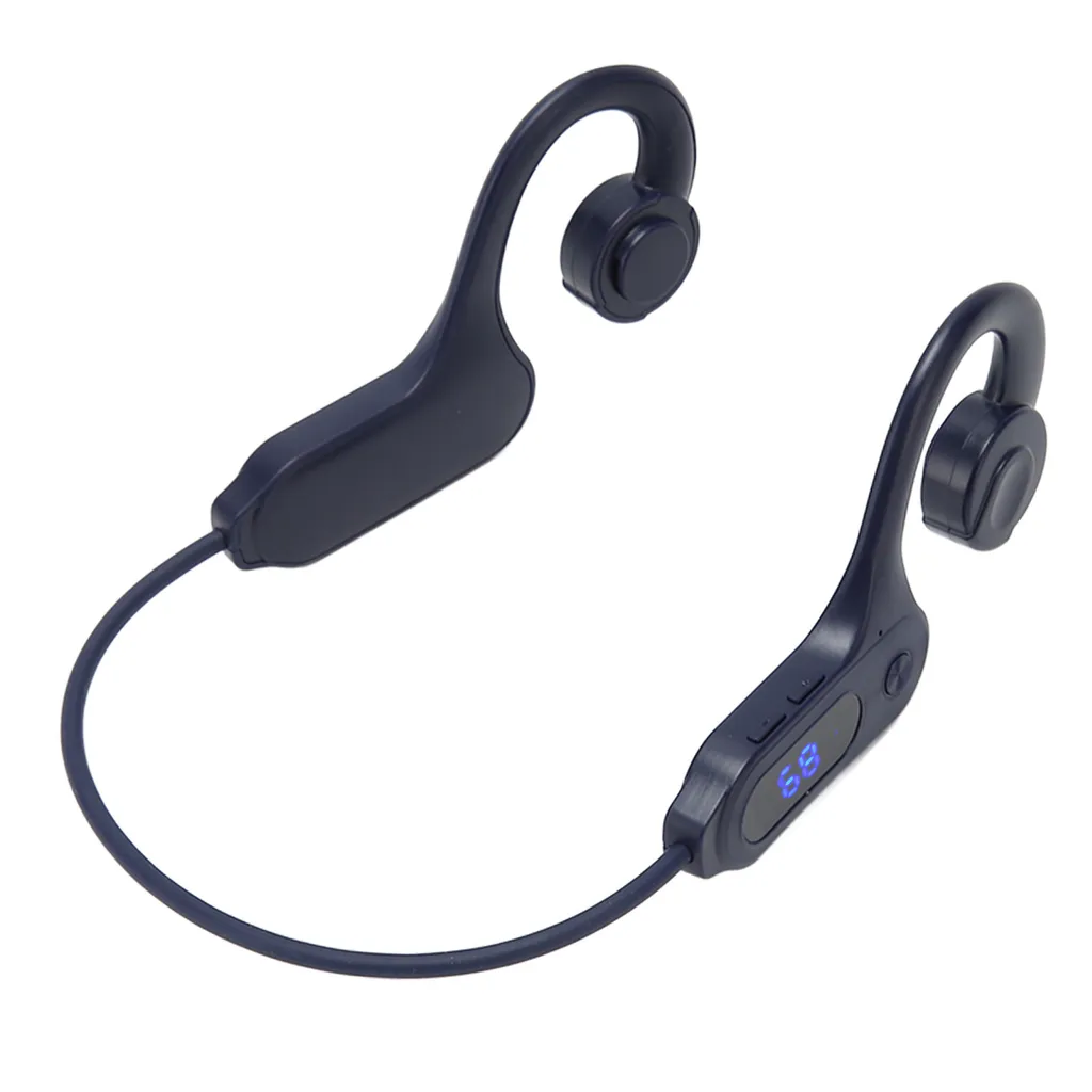 Dunkelblaue Open-Ear-Knochenleitungskopfhörer mit Batterieanzeige und Nackenbügel auf weißem Hintergrund.