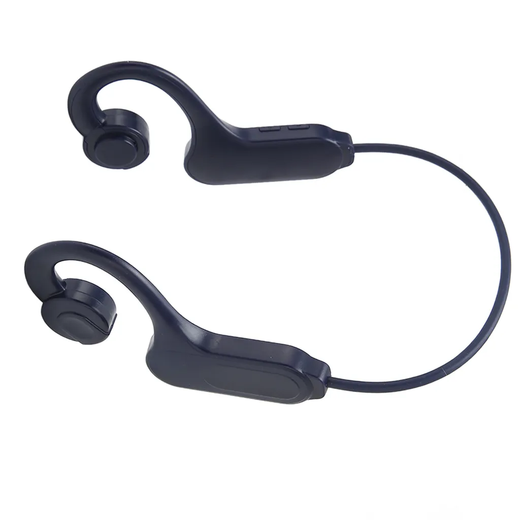 Dunkelblaue Open-Ear-Knochenleitungskopfhörer mit einem flexiblen Verbindungsbügel vor weißem Hintergrund.