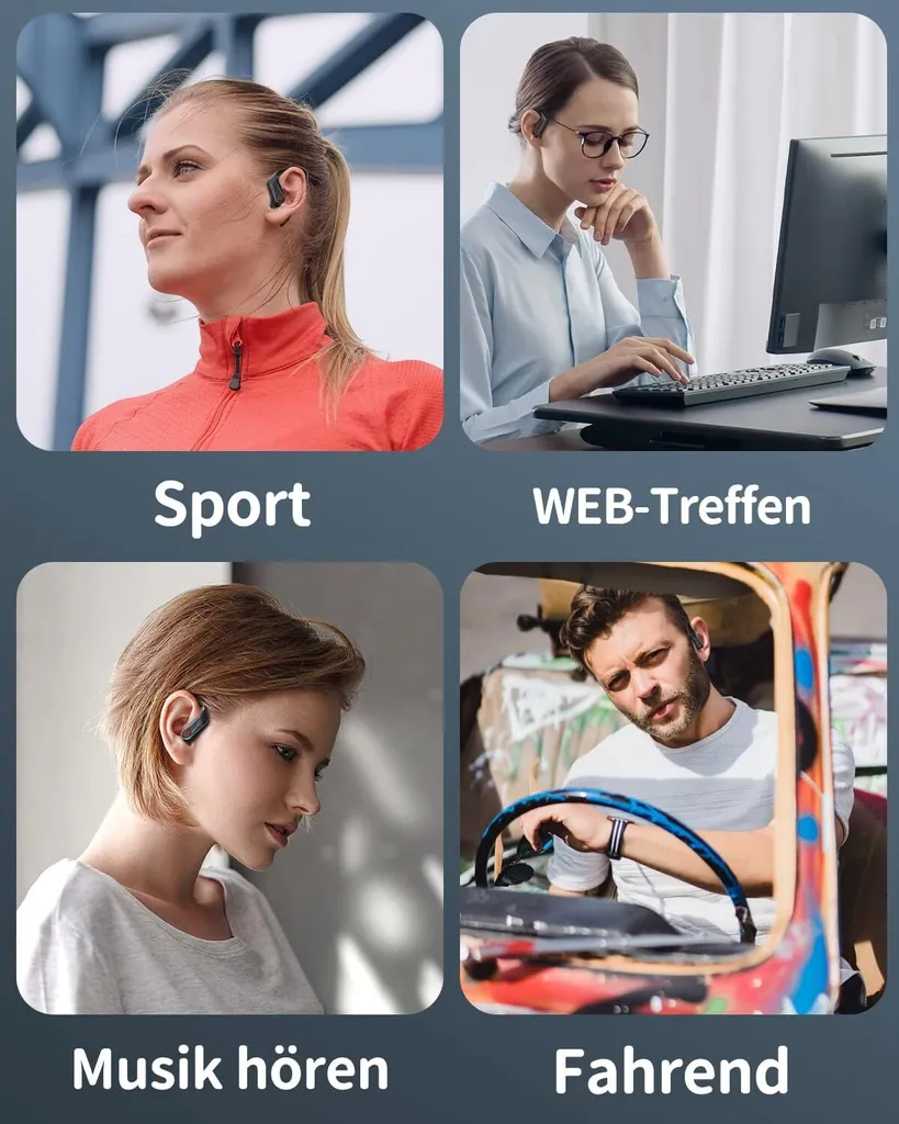 Vier Bilder zeigen Menschen mit offenen Ohrhörern beim Sport, Arbeiten, Musikhören und Autofahren.