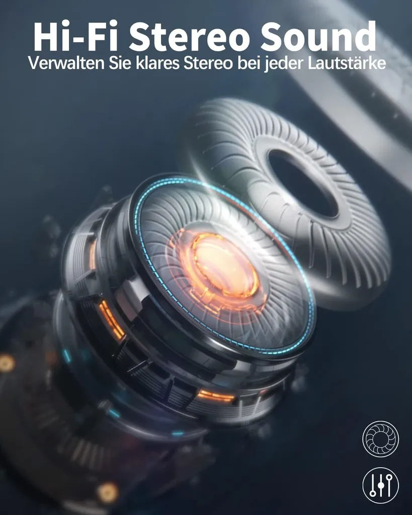 Explodierte Ansicht eines Kopfhörertreibers mit orangem Licht und dem Text Hi-Fi Stereo Sound.