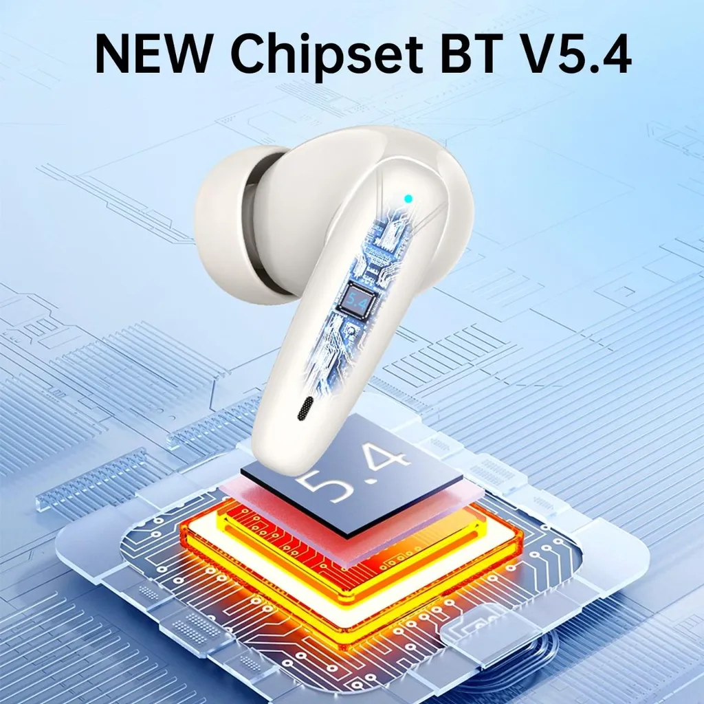 Ein weißer Ohrhörer über einem Computerchip vor blauem Hintergrund mit Text NEW Chipset BT V5.4.