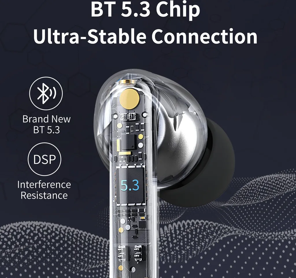 Transparenter Ohrhörer mit sichtbarem BT 5.3 Chip und Schaltung auf dunklem Hintergrund.
