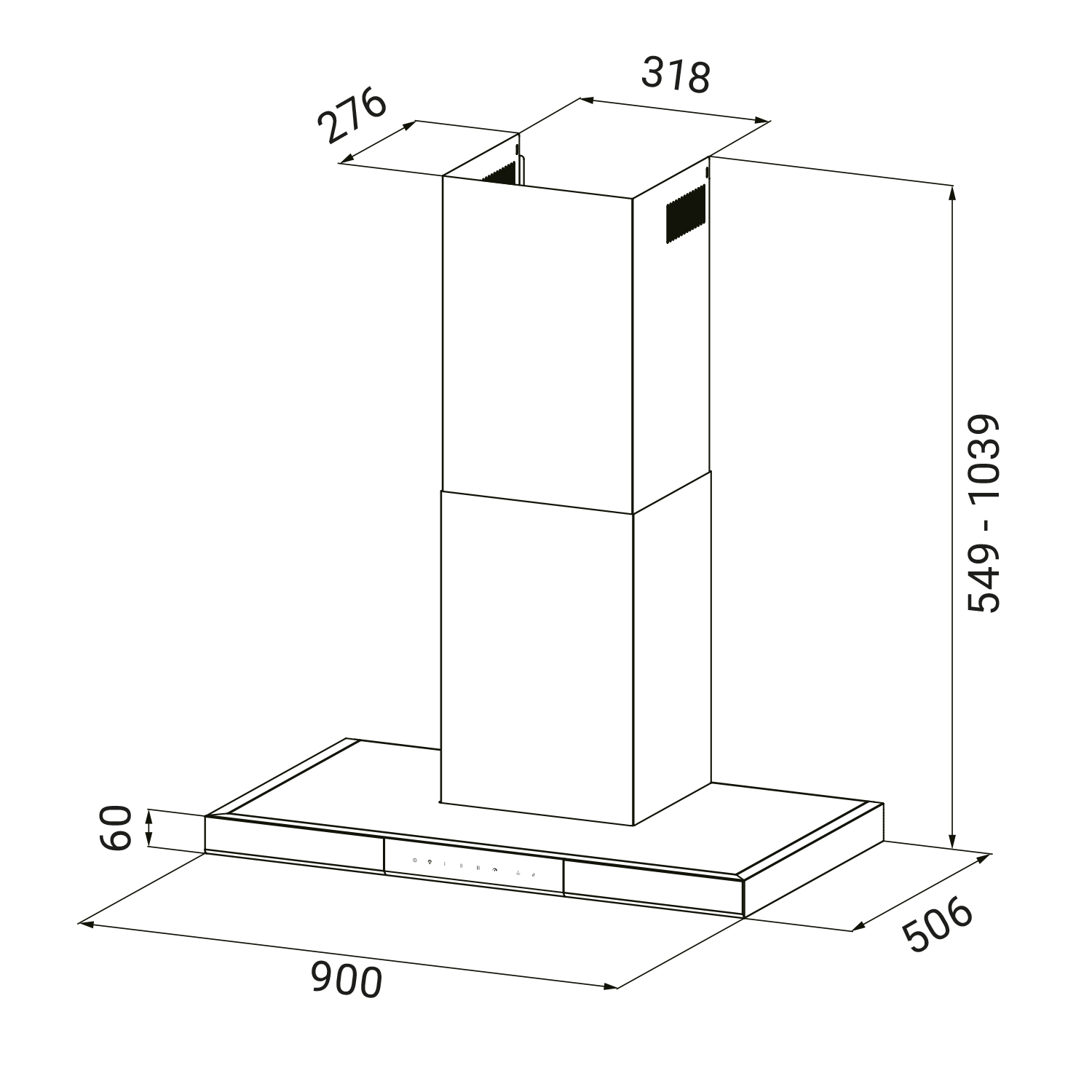 Disegno tecnico di una cappa da cucina con dimensioni.
