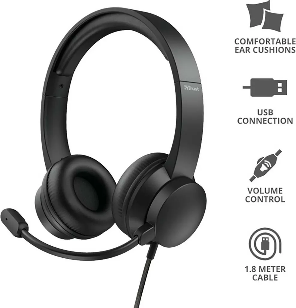 Schwarzes On-Ear-Headset mit Mikrofon und USB-Kabel, mit Text und Icons für Komfort, USB, Lautstärkeregler und Kabel.