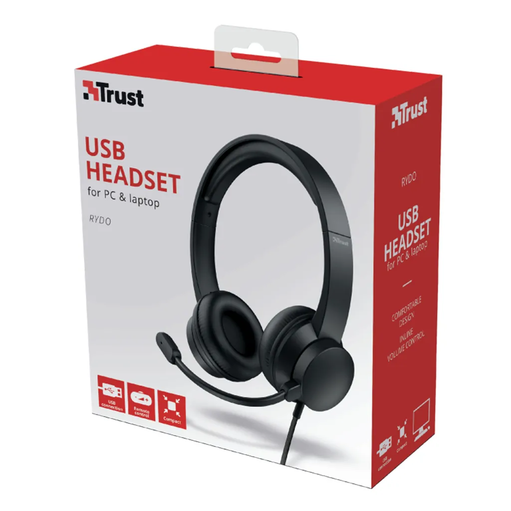 Trust USB-Headset-Box mit schwarzen Kopfhörern und Mikrofon, mit rot-weißen Verpackungsdetails.
