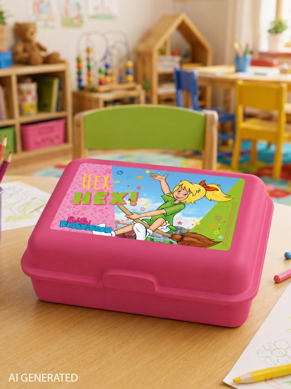 Eine rosa Brotzeitbox mit Bibi Blocksberg auf einem Besenstiel liegt auf einem Holztisch.