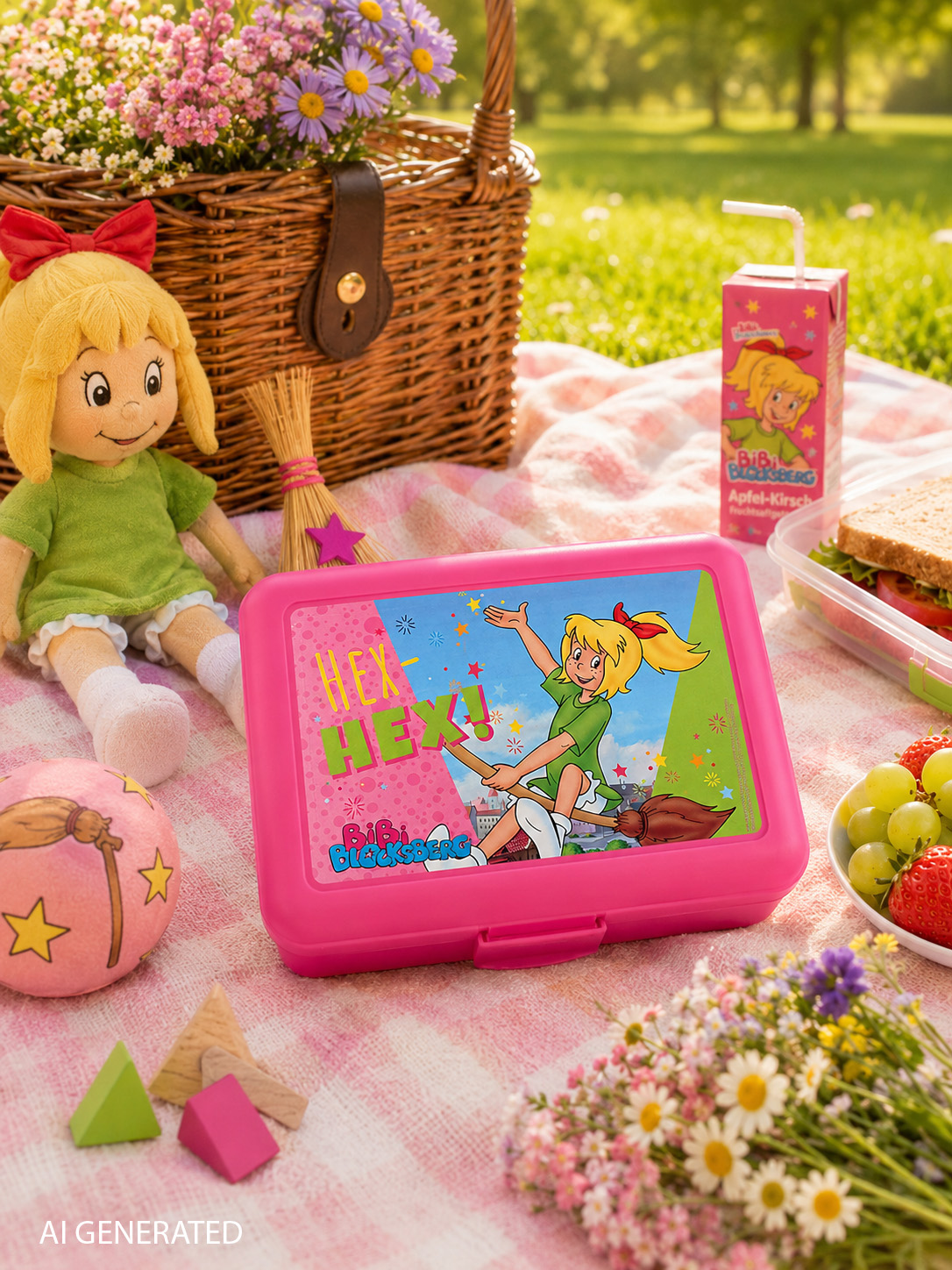 Eine rosa Bibi Blocksberg Brotdose auf einer Karo-Decke mit Puppe, Korb, Saftbox, Trauben und Blumen.