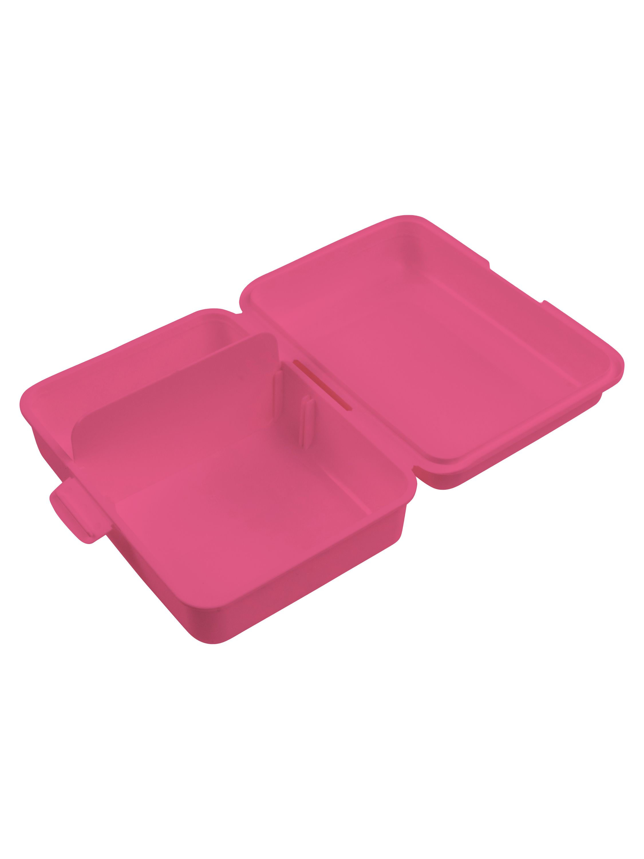 Eine offene, pinke Brotdose mit Unterteilung auf einem weißen Hintergrund.