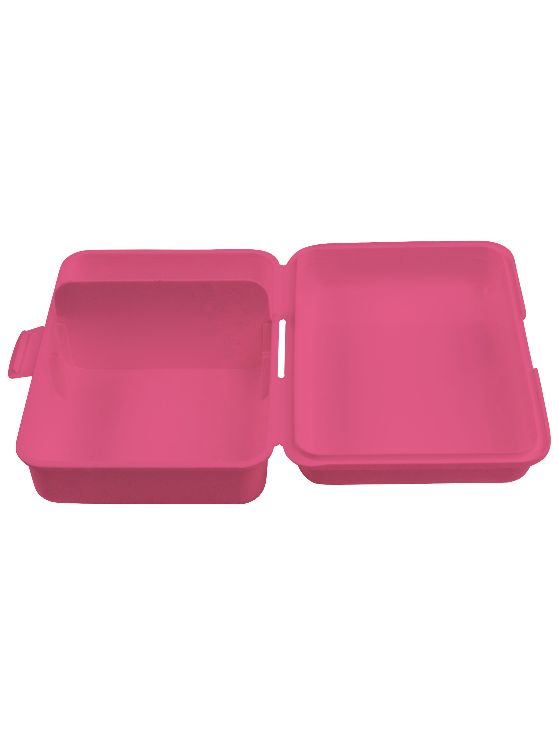 Eine offene, pinkfarbene Plastik-Brotdose vor weißem Hintergrund.