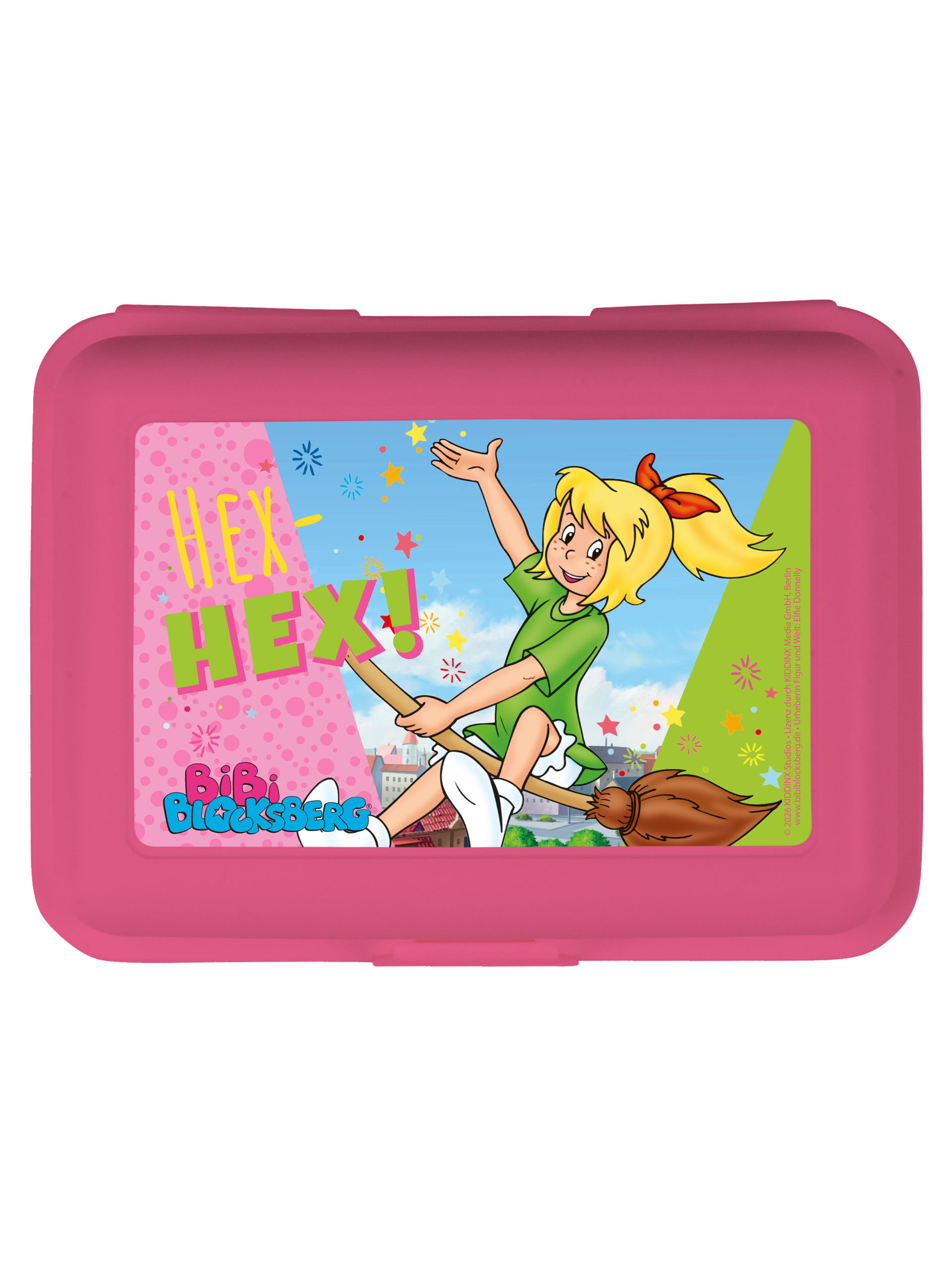 Rosa Brotzeitbox mit Bibi Blocksberg auf einem Besen reitend und dem Text 'Hex-Hex!'.