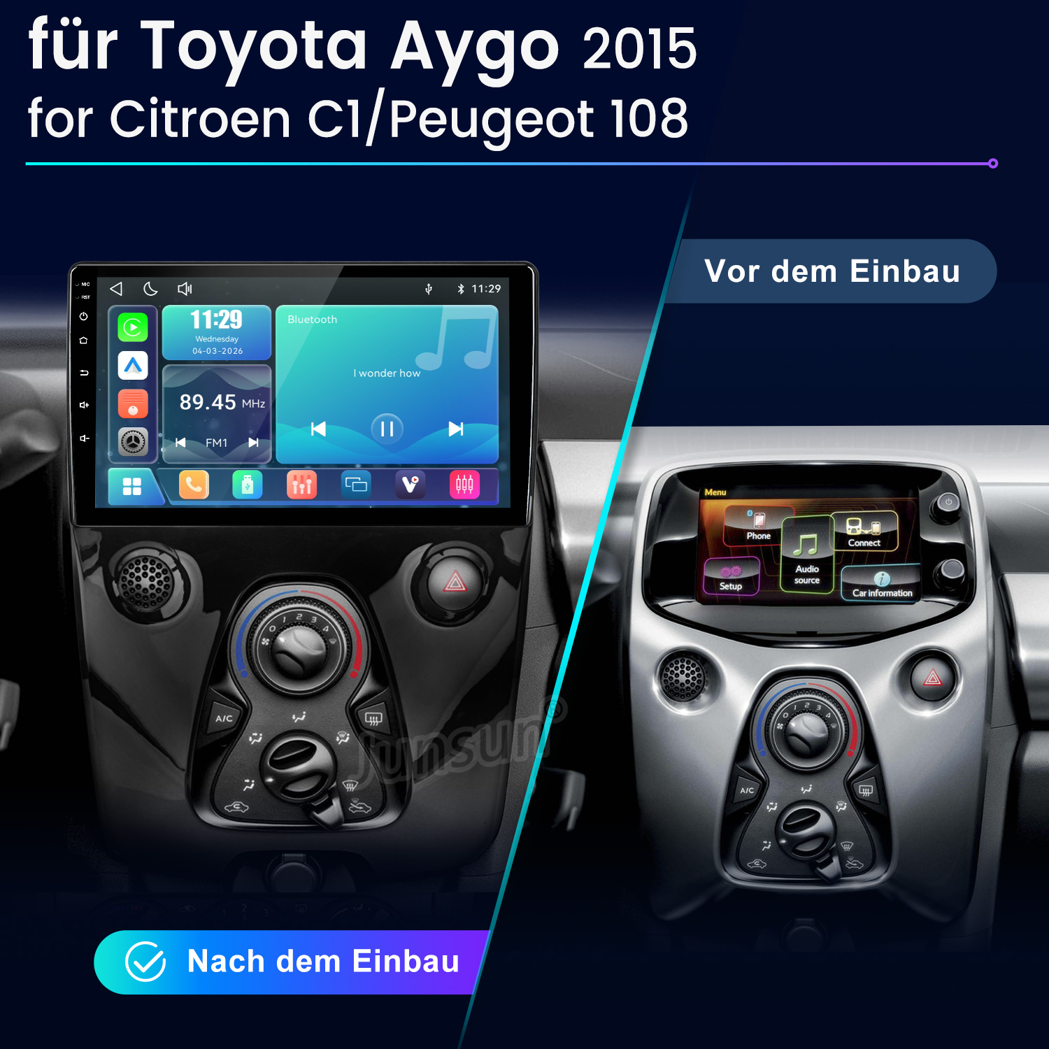 Vergleich eines Autoradios vor und nach dem Einbau in ein Fahrzeug.