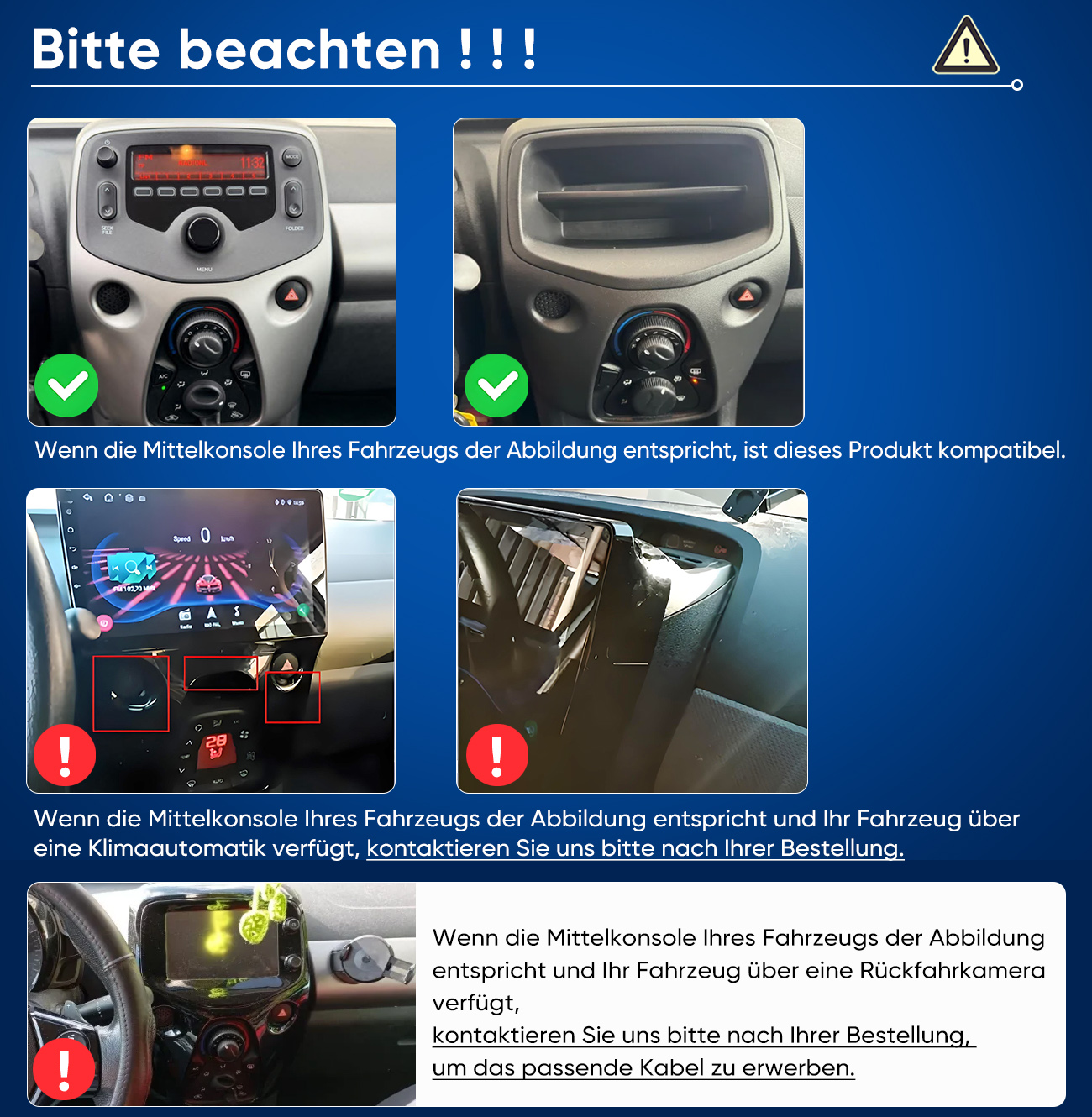 Fahrzeugmittelkonsole mit Kompatibilitätsinformationen und Hinweisen für verschiedene Ausstattungen.