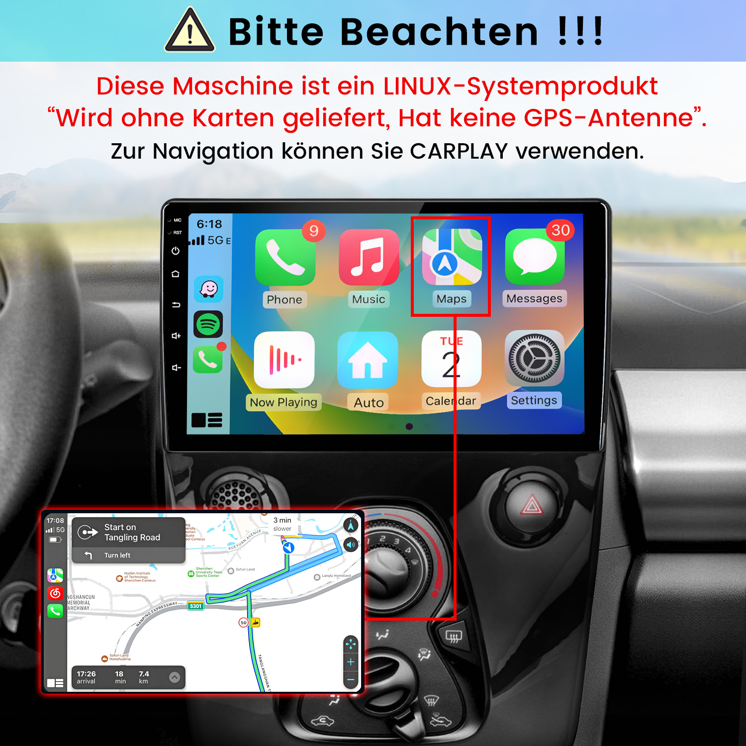 Ein digitaler Auto-Bildschirm zeigt App-Symbole und deutschen Text zu CarPlay und GPS-Navigation.