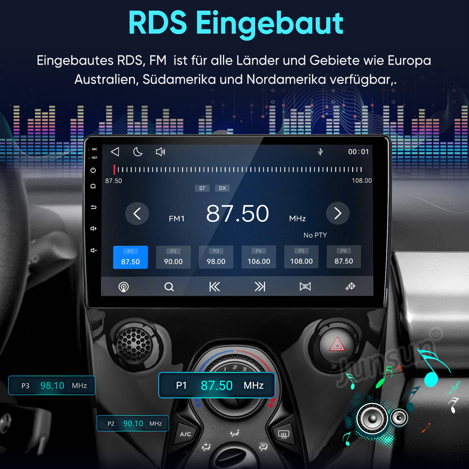 Ein digitales Autoradio-Display zeigt FM 87,50 MHz mit RDS-Funktionen und Stationstasten.