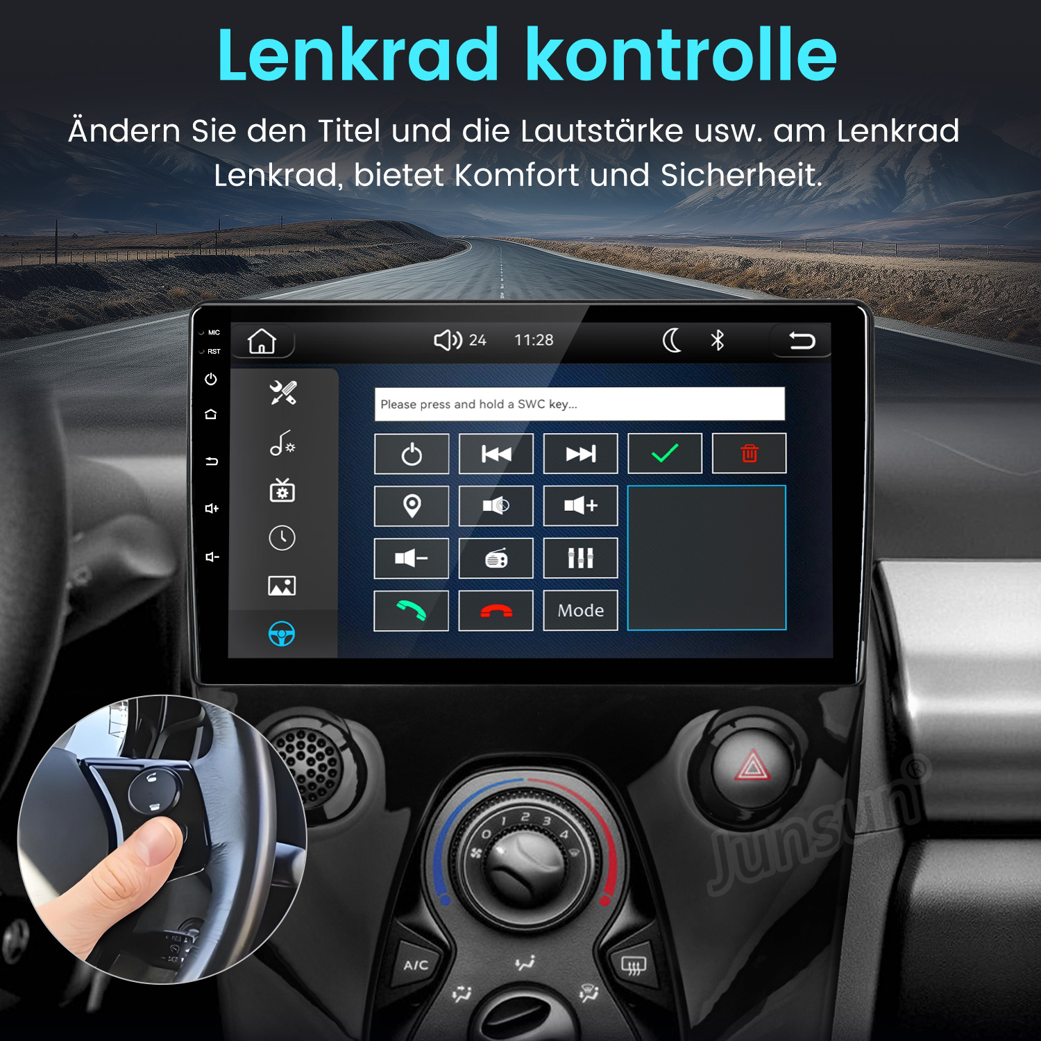 Autodisplay zeigt Lenkradsteuerungseinstellungen mit einer Inset-Abbildung von Knöpfen am Lenkrad.