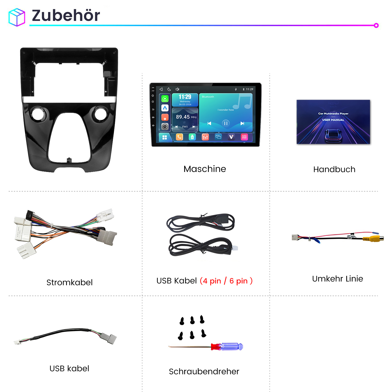 Übersicht des Autozubehörs mit Armaturenbrettrahmen, Display, Kabeln, Handbuch und Schraubendreher.