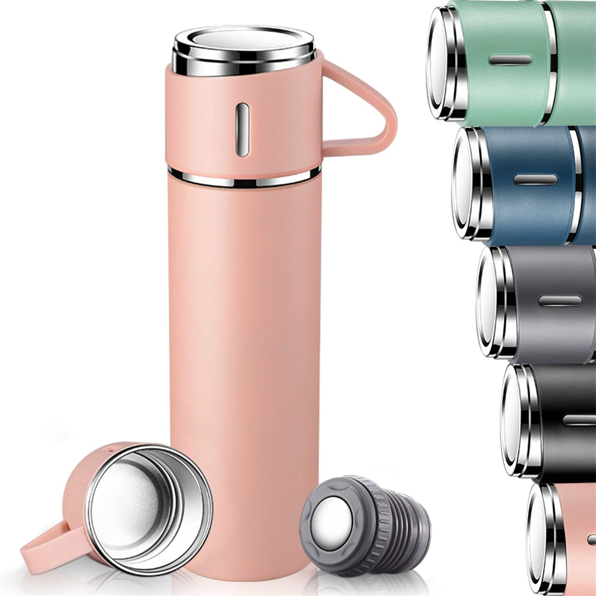 Eine pinke Thermosflasche mit abnehmbarem Becher und Deckel, daneben sind weitere Farben in einer vertikalen Reihe zu sehen.