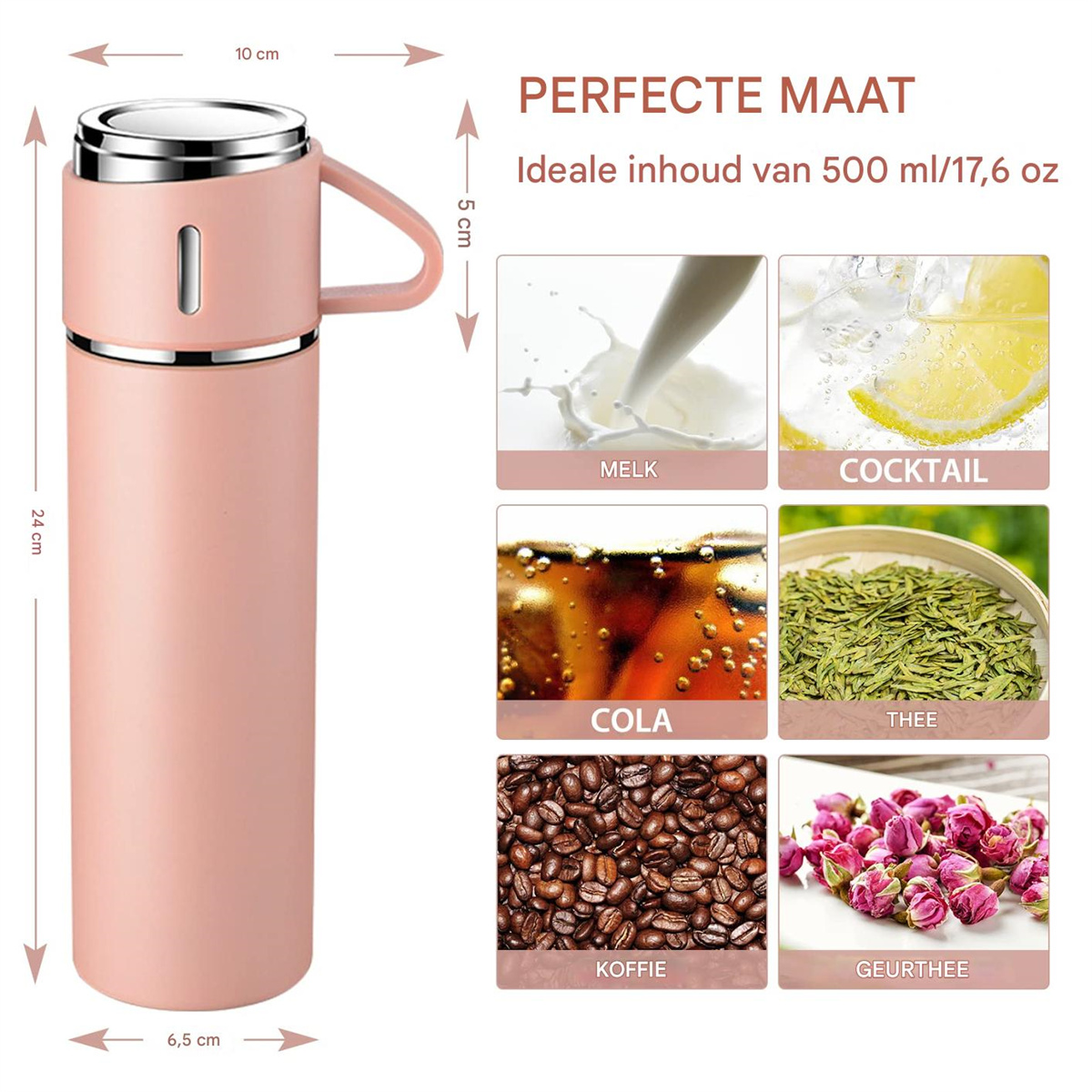 Eine rosa Isolierflasche mit Maßen und sechs kleineren Bildern von Milch, Cocktails, Cola, Tee, Kaffee und Rosentee.