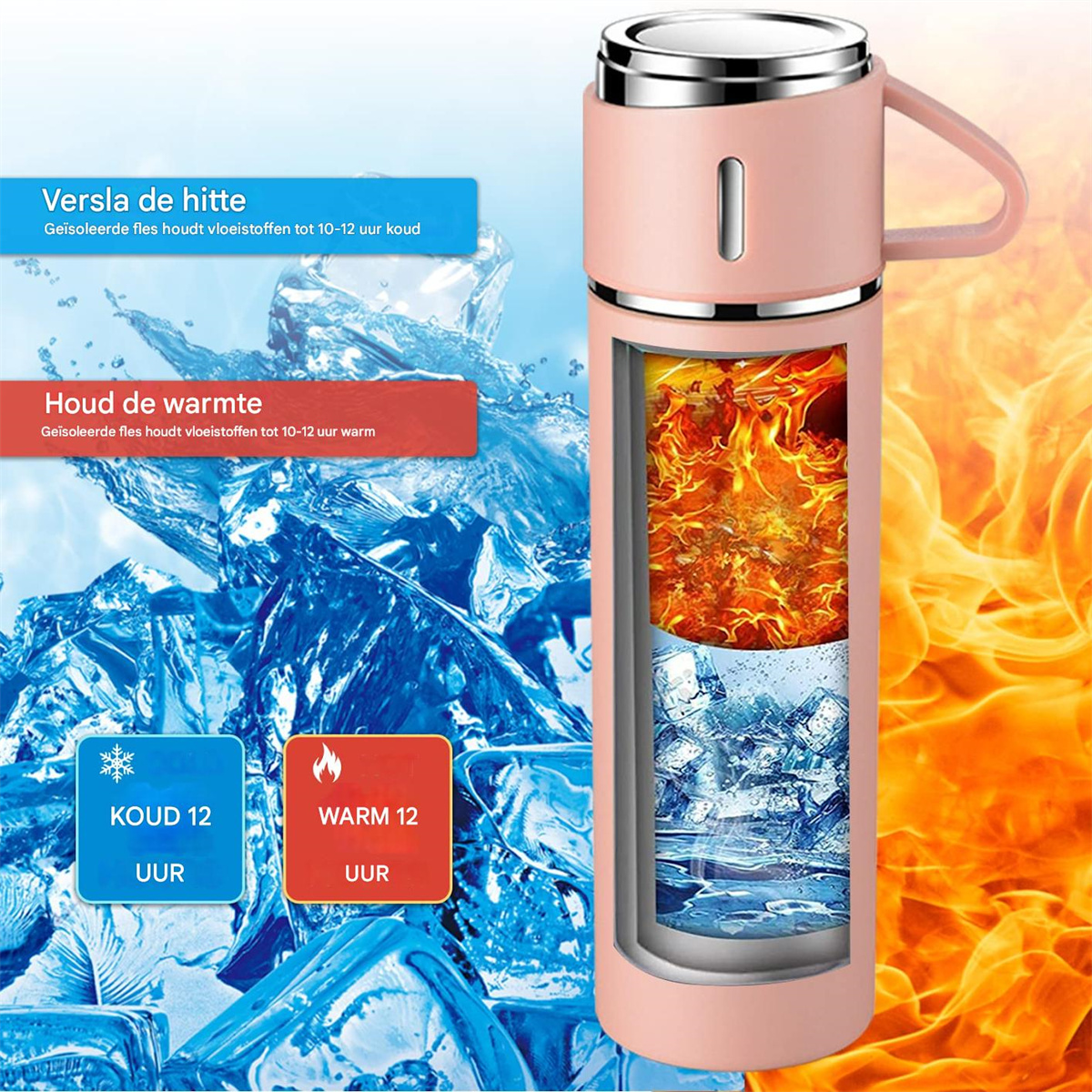 Eine rosa Isolierflasche vor Eis und Feuer zeigt Isolierfähigkeit für heiß und kalt.