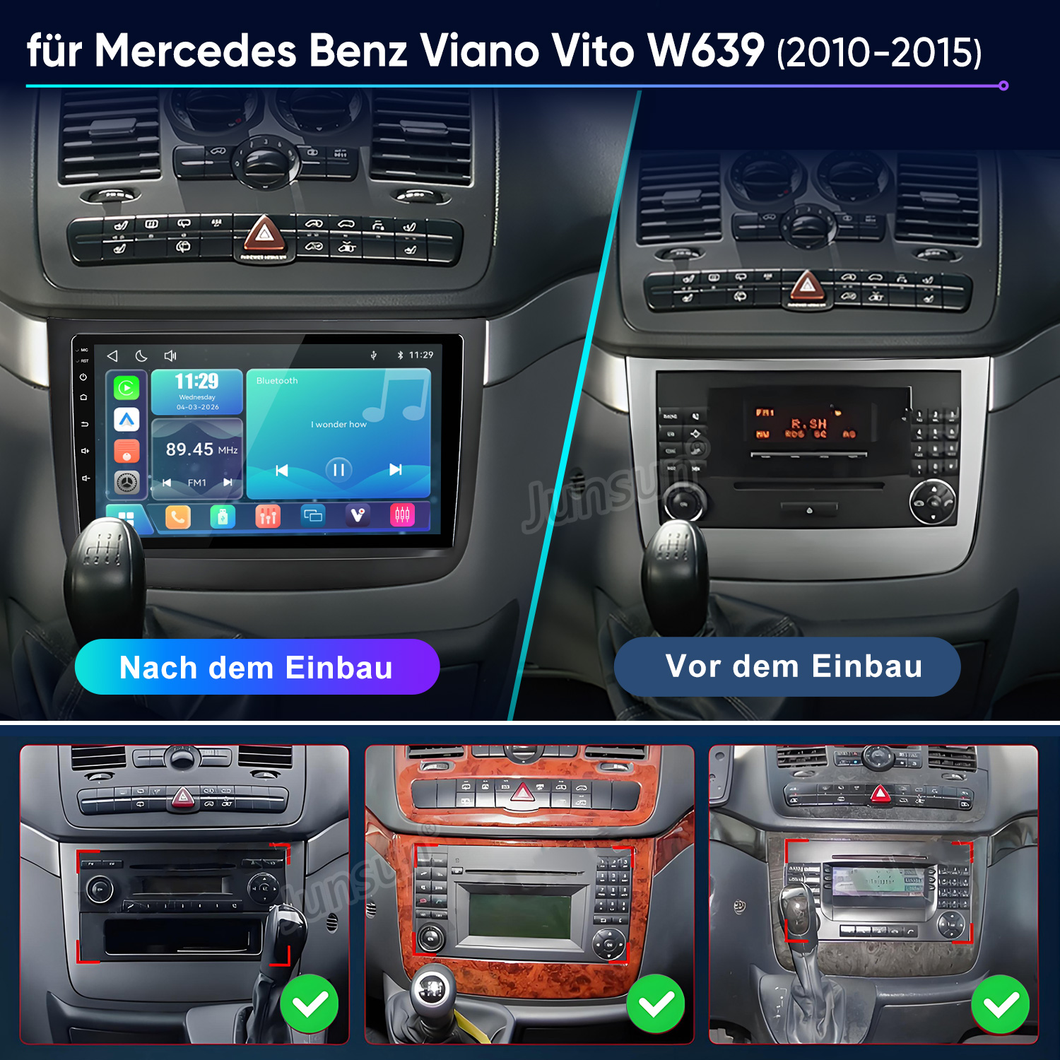 Mercedes Benz Viano Vito Armaturenbrett vorher und nachher mit neuem Infotainment-System.