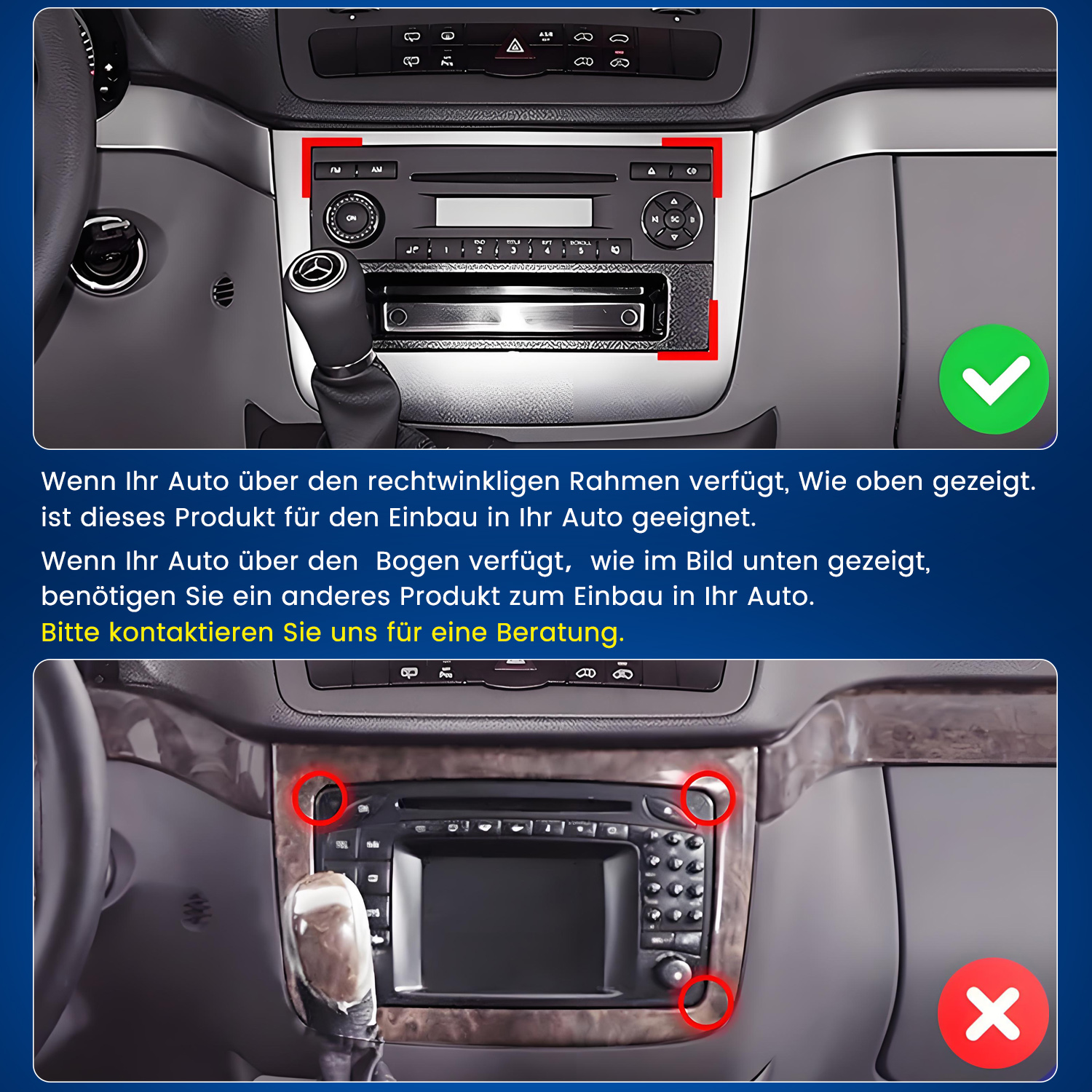 Vergleich zweier Auto-Armaturenbretter zur Radiokompatibilität mit grüner Checkmarke und rotem X.