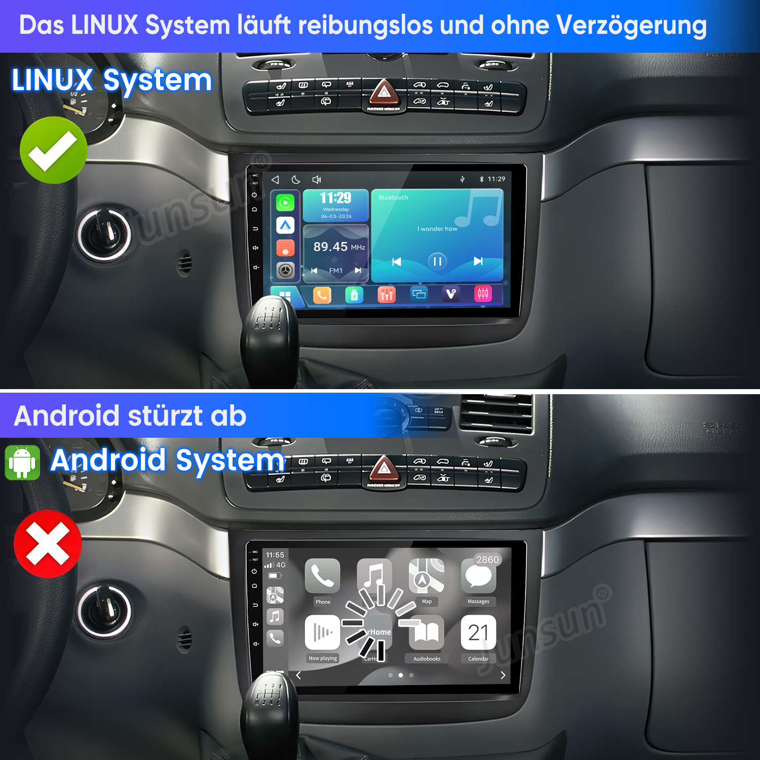 Vergleich zweier Auto-Displays: Ein Linux-System mit reibungsloser Benutzeroberfläche und ein abstürzendes Android-System.