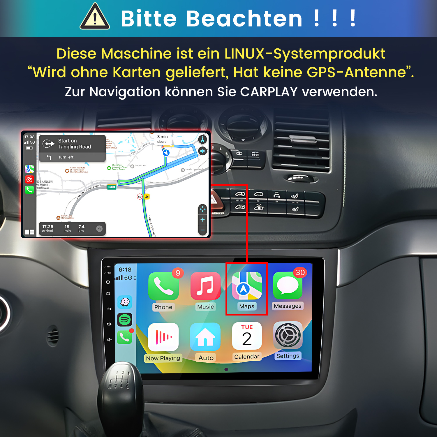 Linux-Autoradio mit Apple CarPlay und Navigation, ohne integrierte GPS-Antenne.