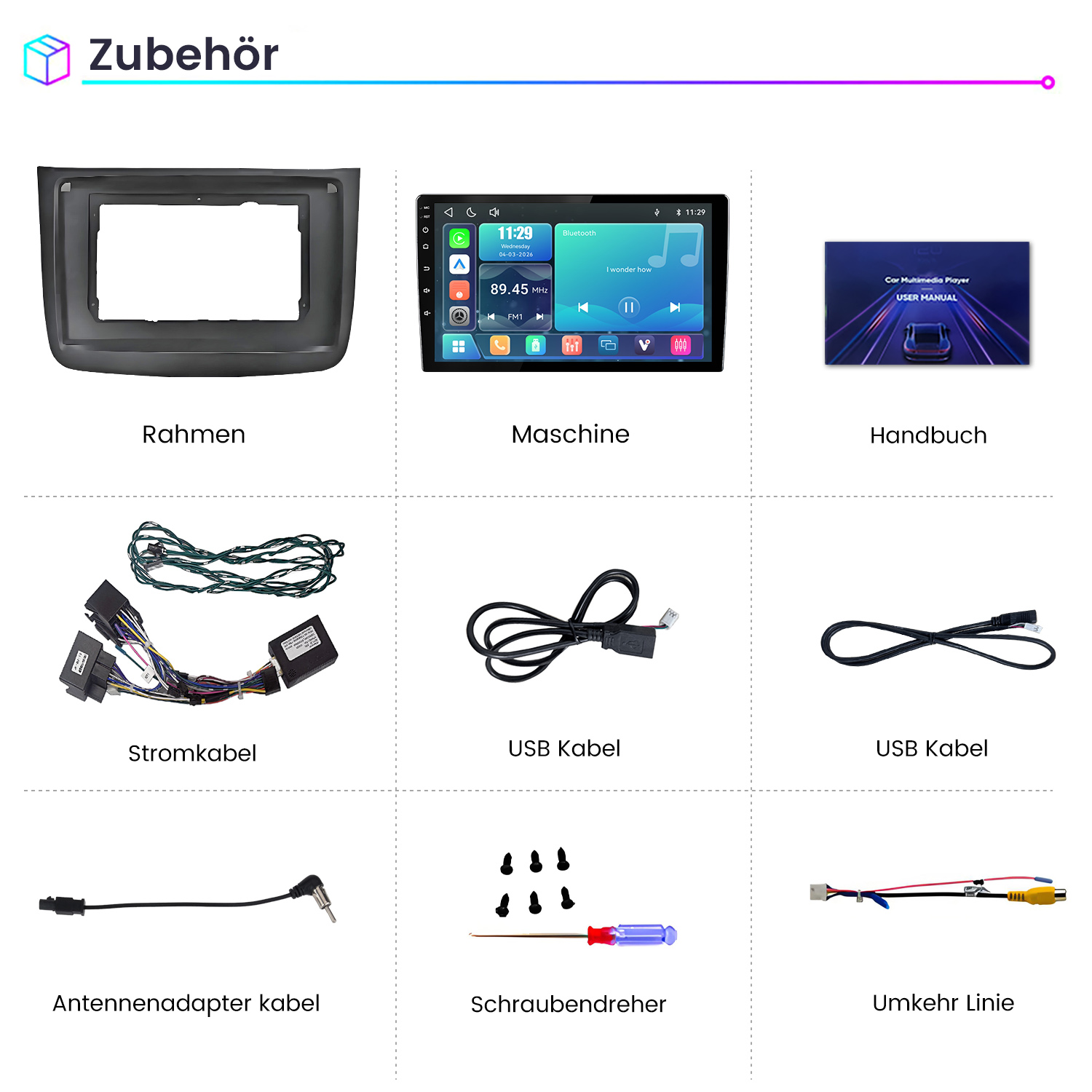 Übersicht von Autozubehörteilen wie Rahmen, Display, Handbuch, Kabel und Werkzeug auf weißem Hintergrund.