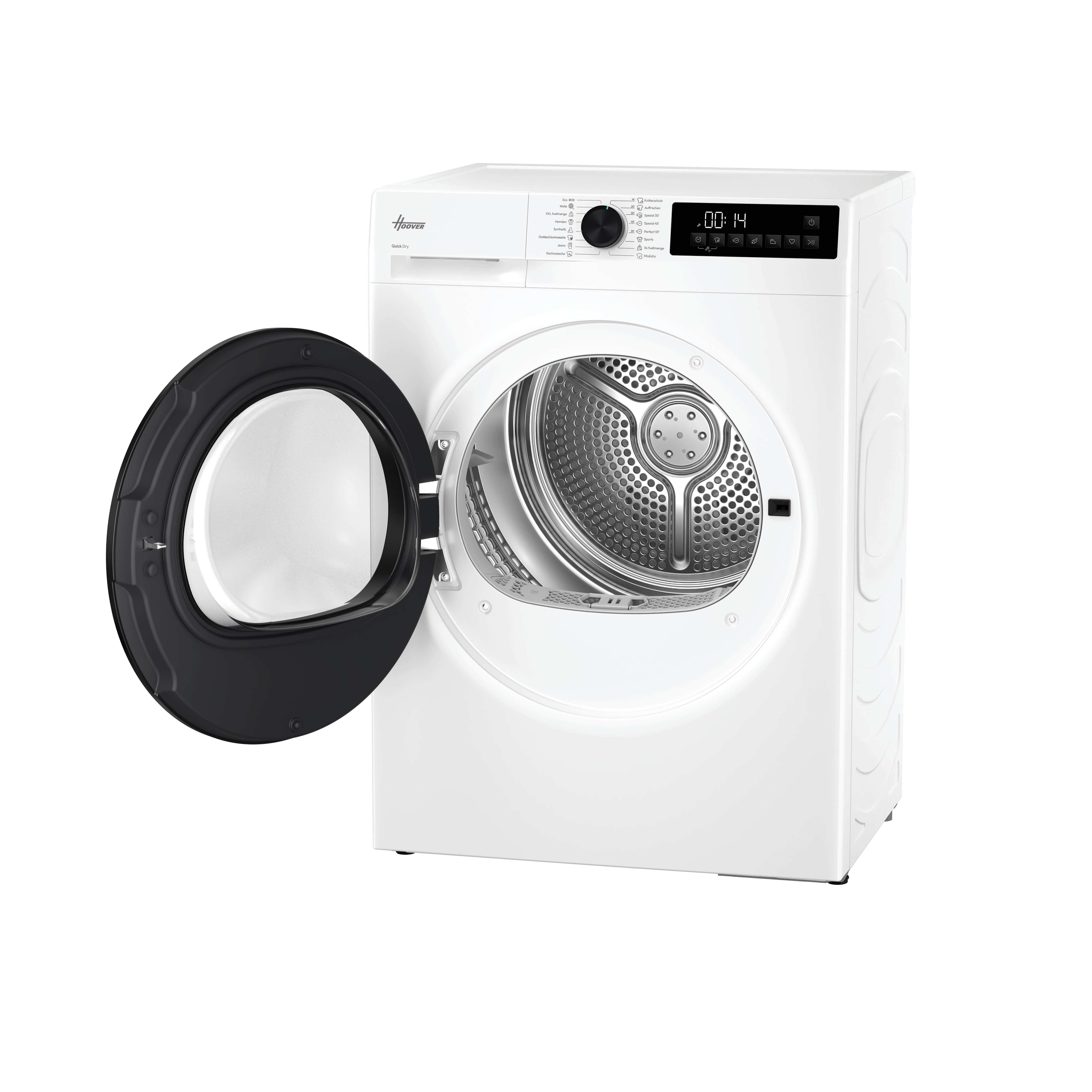Ein weißer Hoover-Trockner mit geöffneter, schwarz gerahmter Tür und Edelstahltrommel.