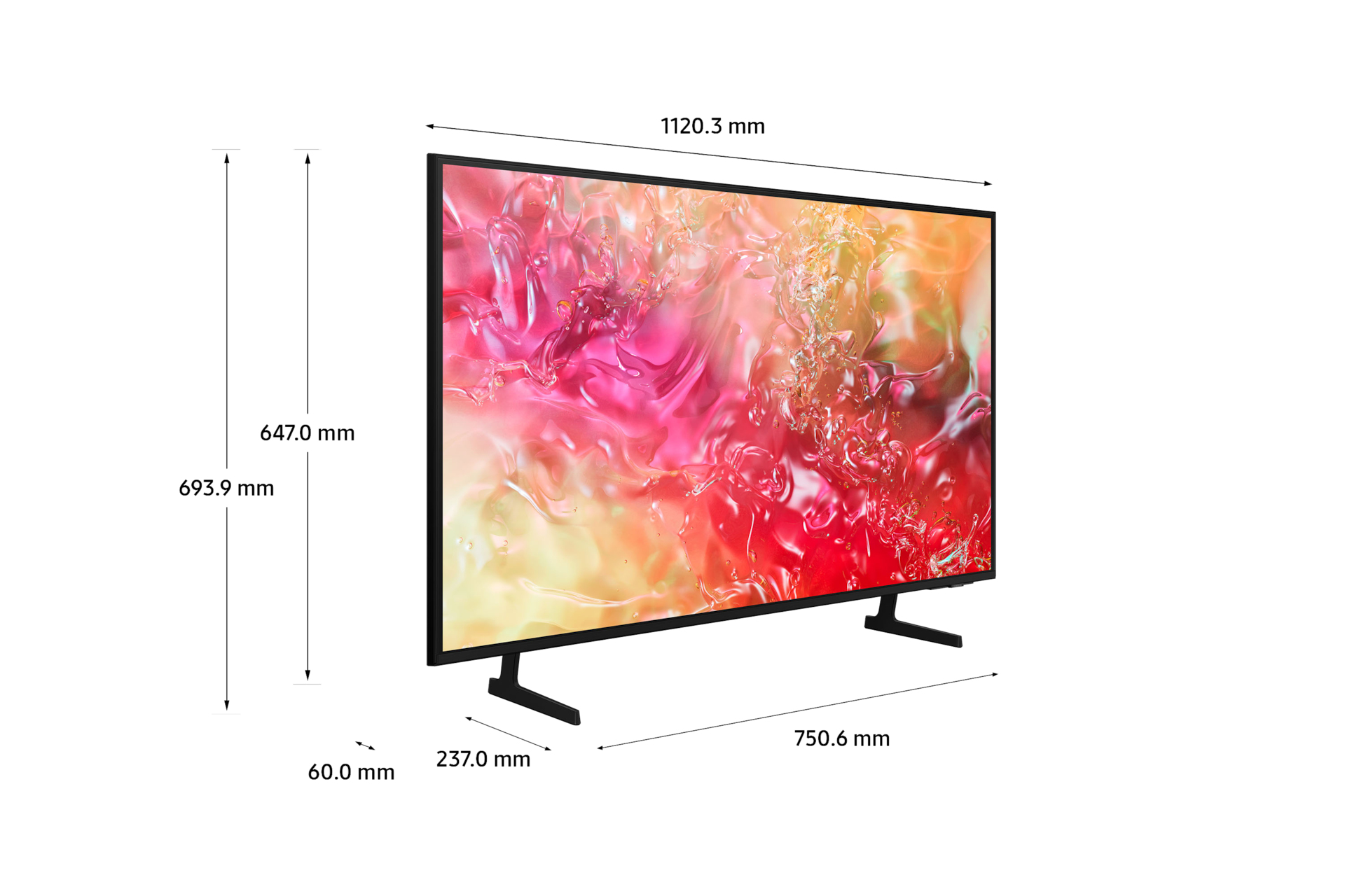 Una TV nera con dimensioni indicate: larghezza 1120.3 mm, altezza 647.0 mm e profondità 237.0 mm su sfondo bianco.