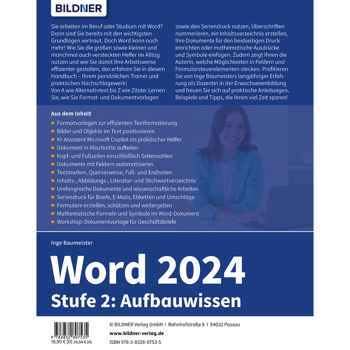 Buchtitel für Word 2024 Stufe 2 mit Bild einer Frau und Inhaltsverzeichnis.