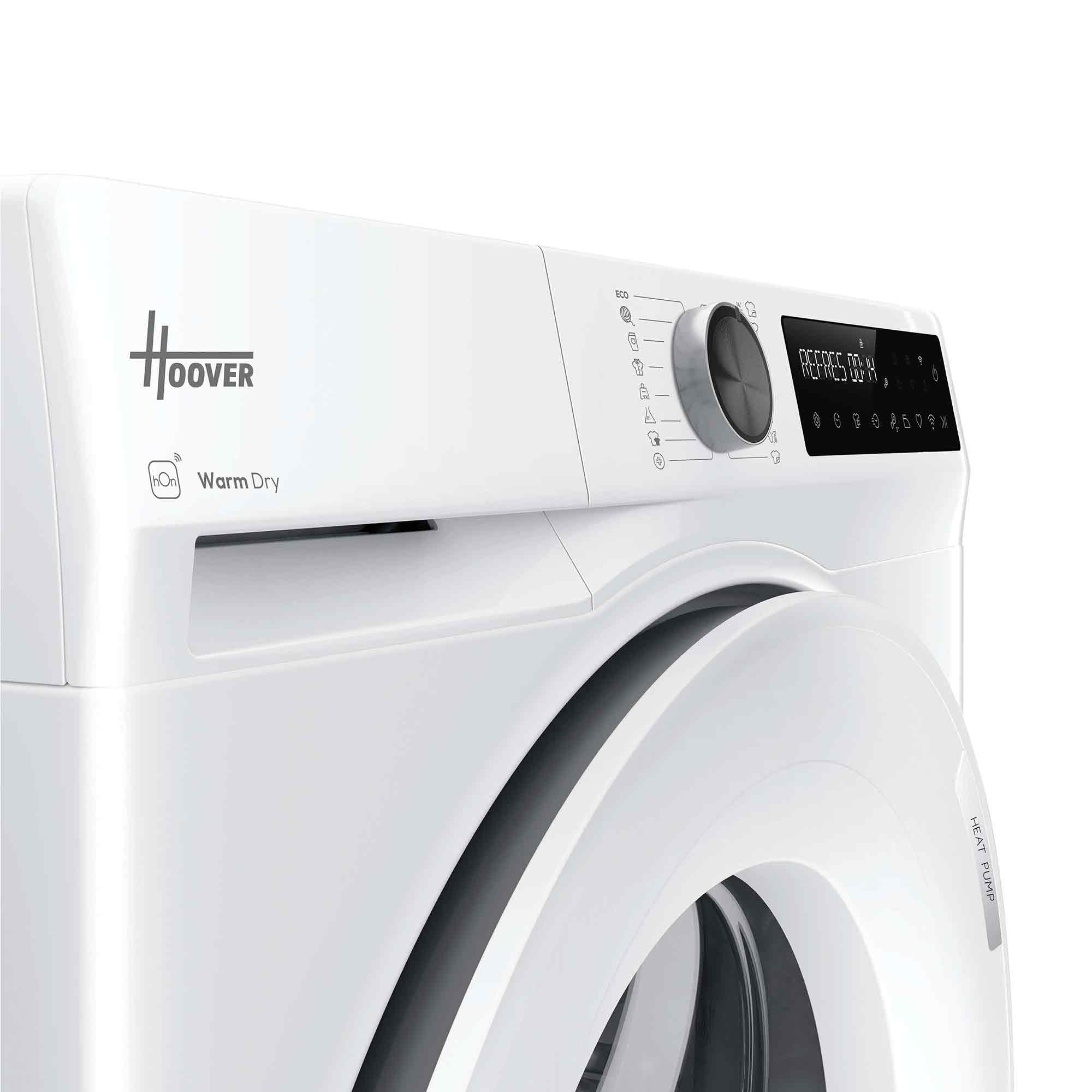 Nahaufnahme der oberen Frontblende eines weißen Hoover-Wäschetrockners mit Drehregler und Digitalanzeige.