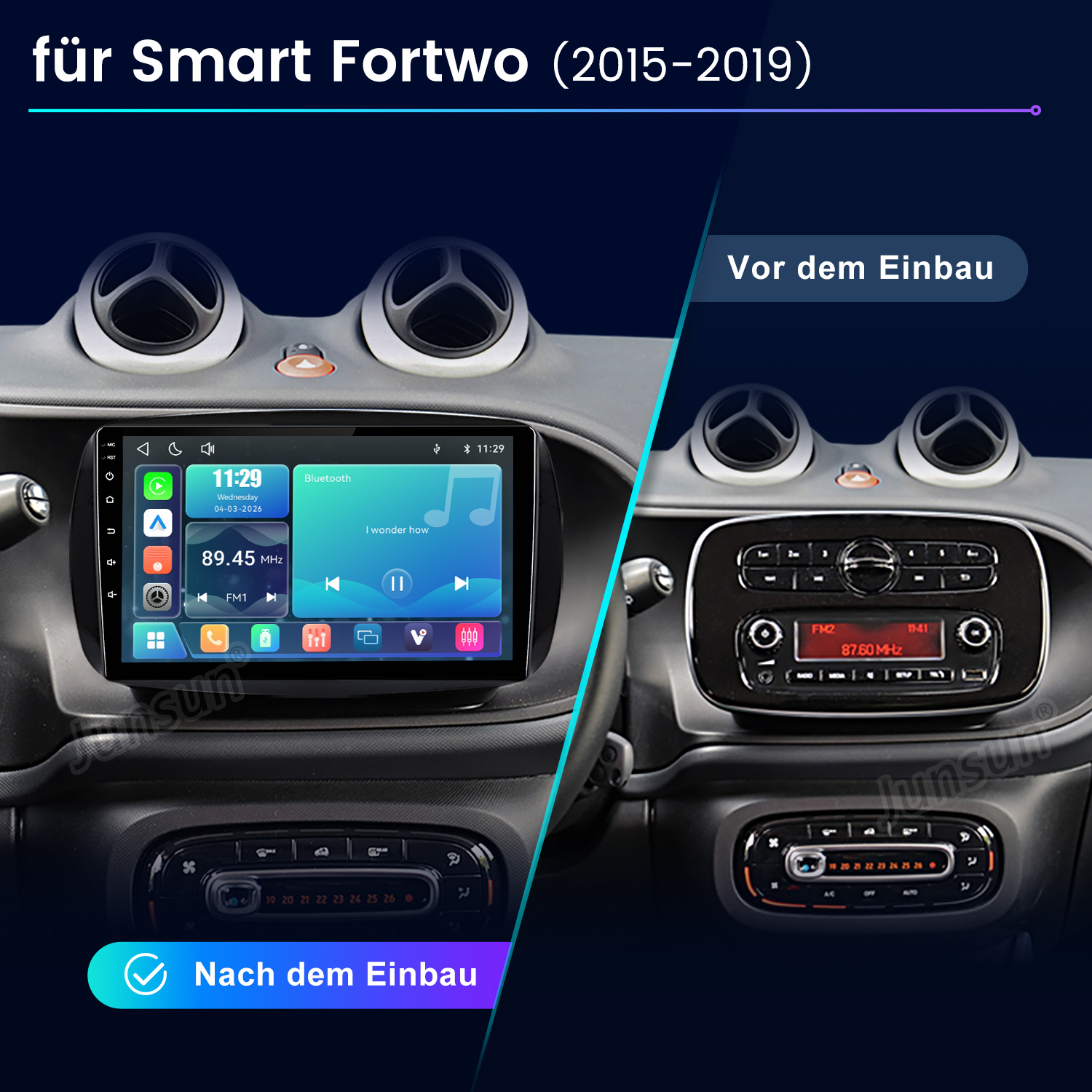 Vergleich der Smart Fortwo Mittelkonsole vor und nach dem Einbau eines neuen Infotainmentsystems.