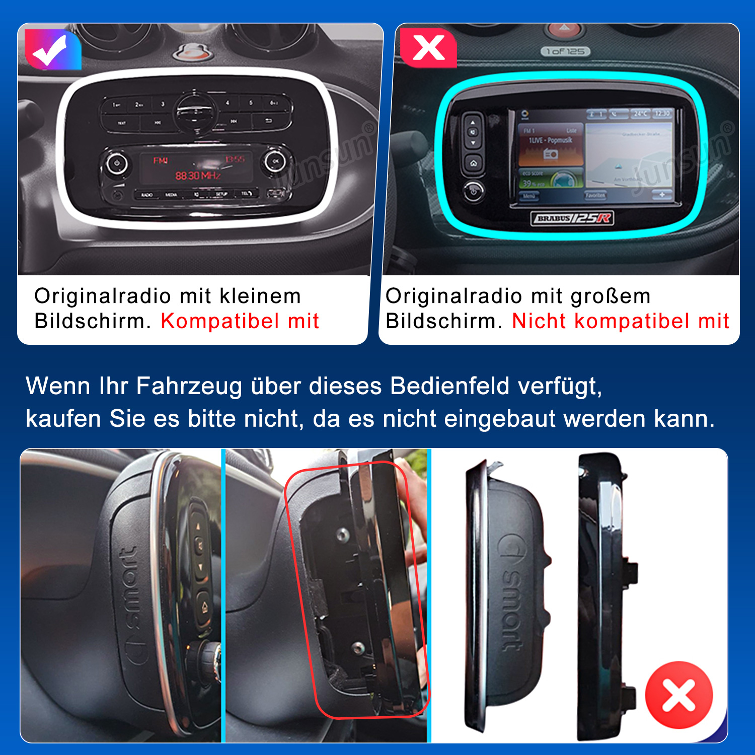 Vergleich von Auto-Radios: kleiner Bildschirm ist kompatibel, großer Bildschirm ist nicht kompatibel.